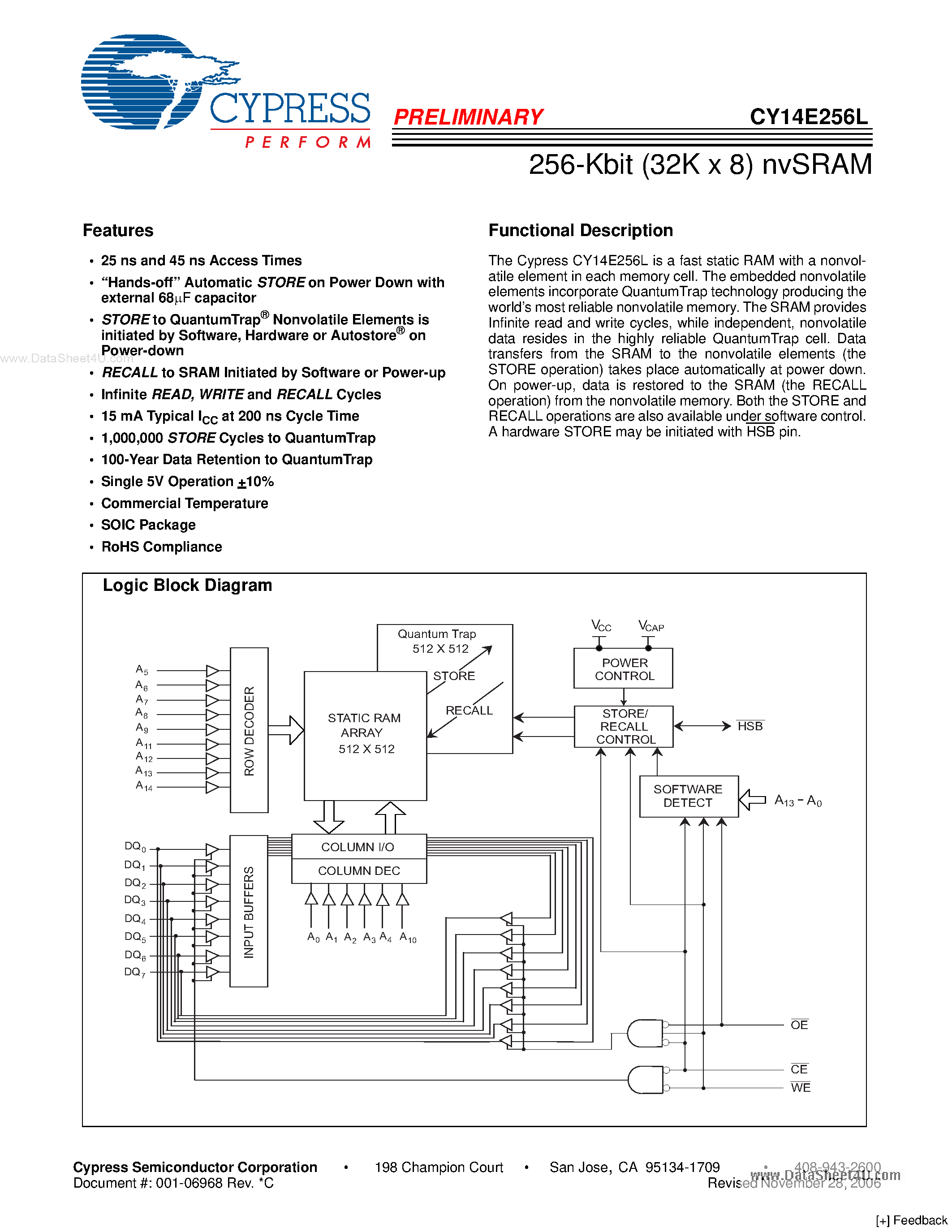Даташит на микросхему CY14E256L страница 1 Даташит CY14E256L - 256-Kbit (32K x 8) nvSRAM страница 1