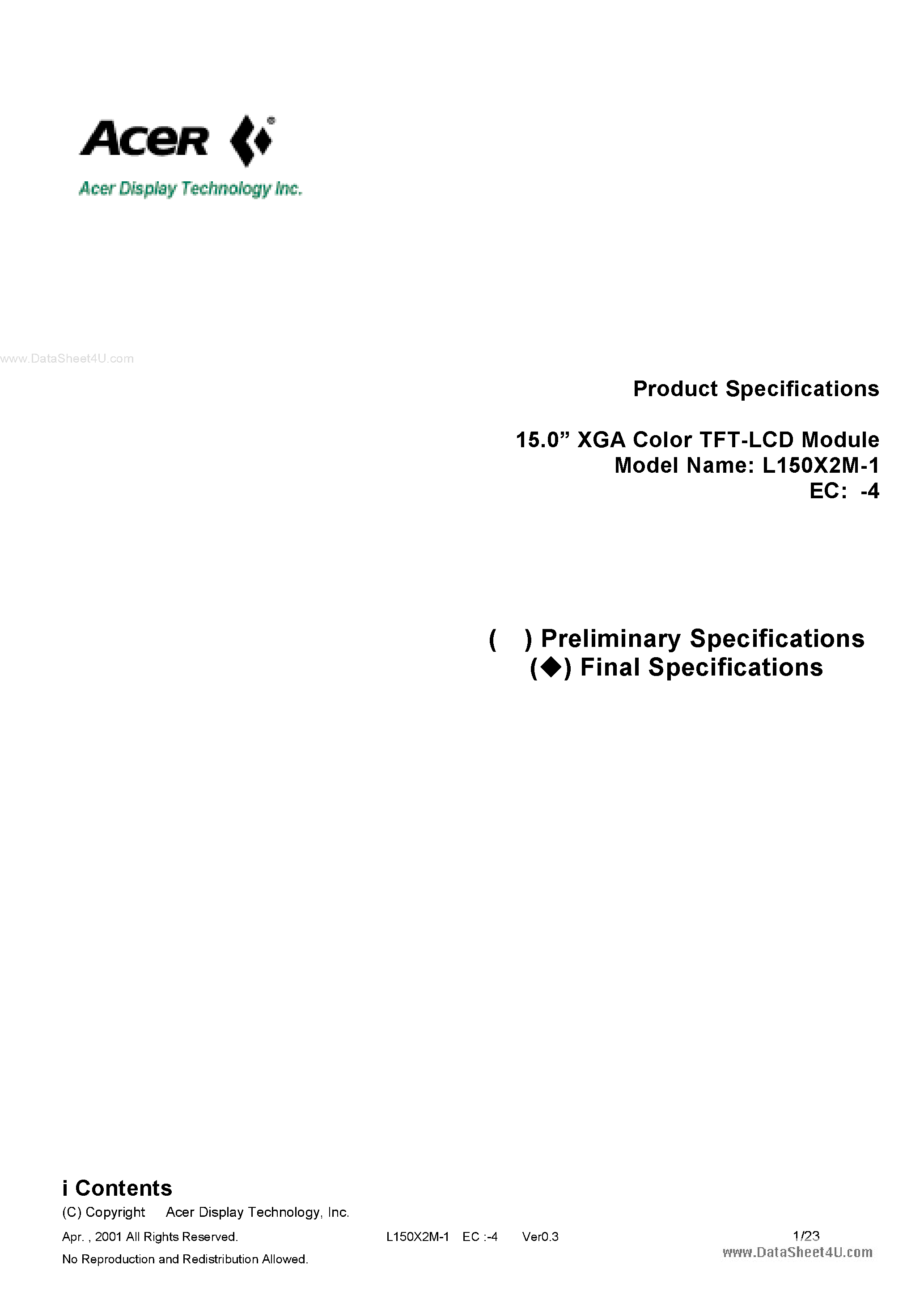Datasheet L150X2M-4 page 1 Datasheet L150X2M-4 - LCD Module page 1
