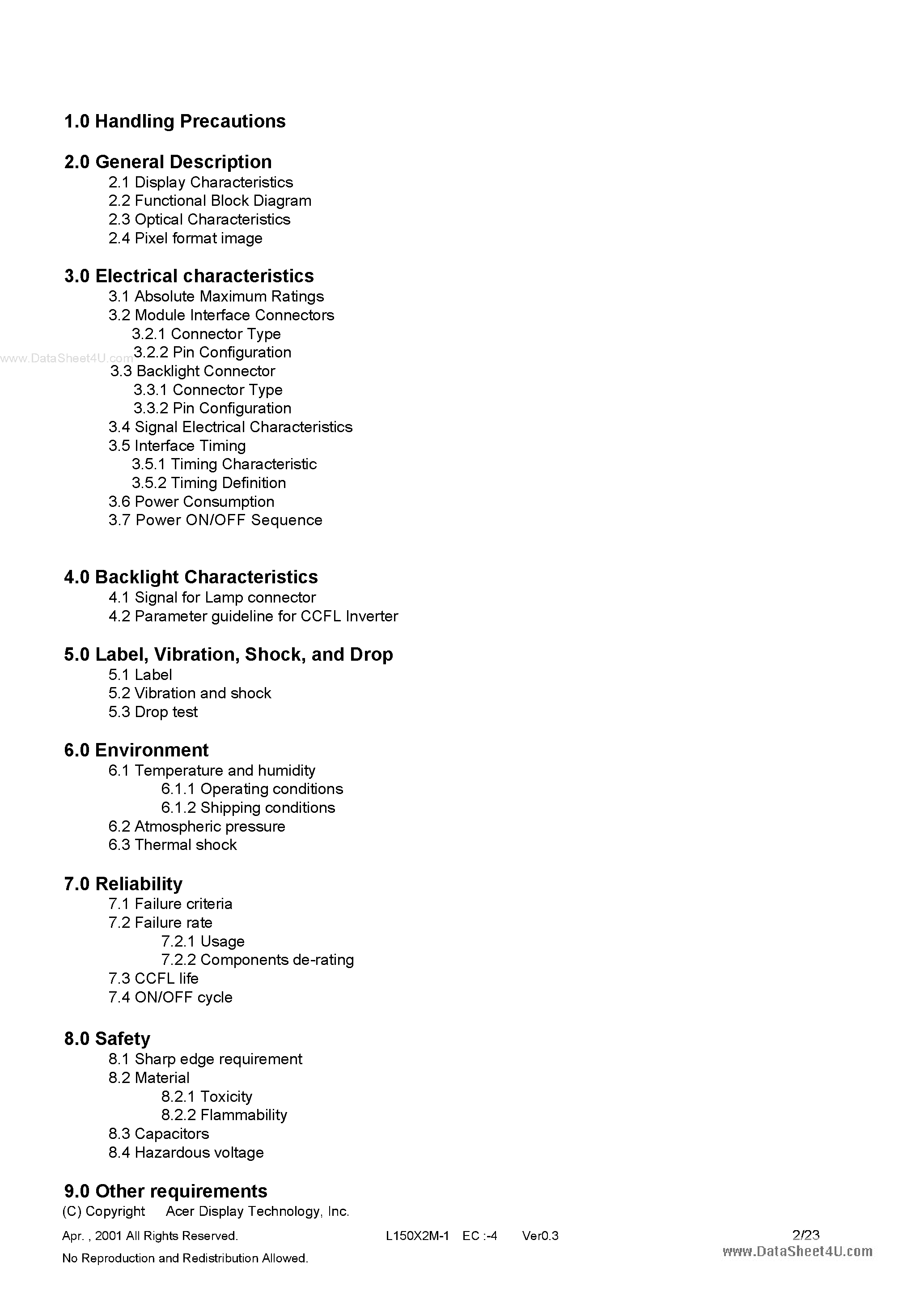Datasheet L150X2M-4 page 2 Datasheet L150X2M-4 - LCD Module page 2