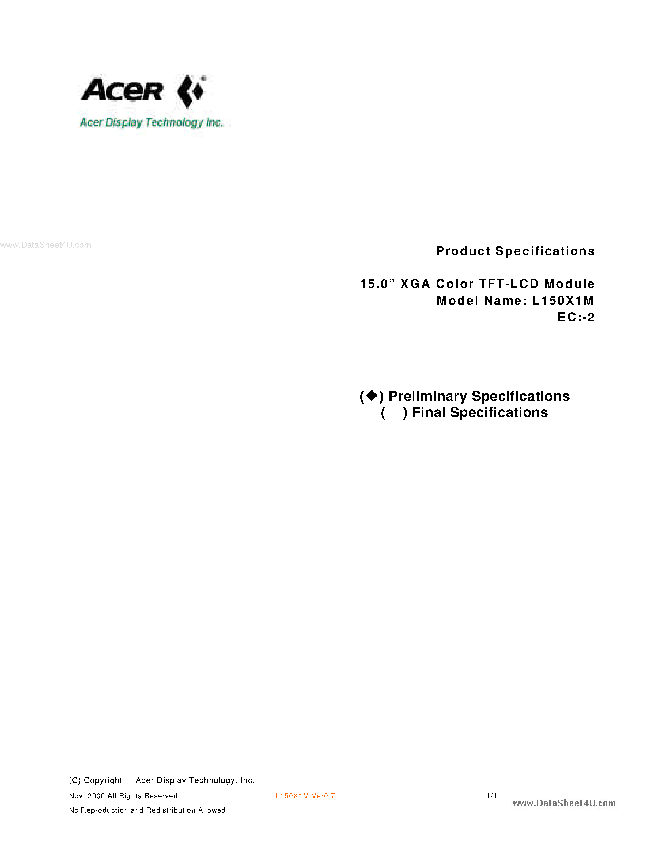 Datasheet L150X1M-2 - LCD Module page 1