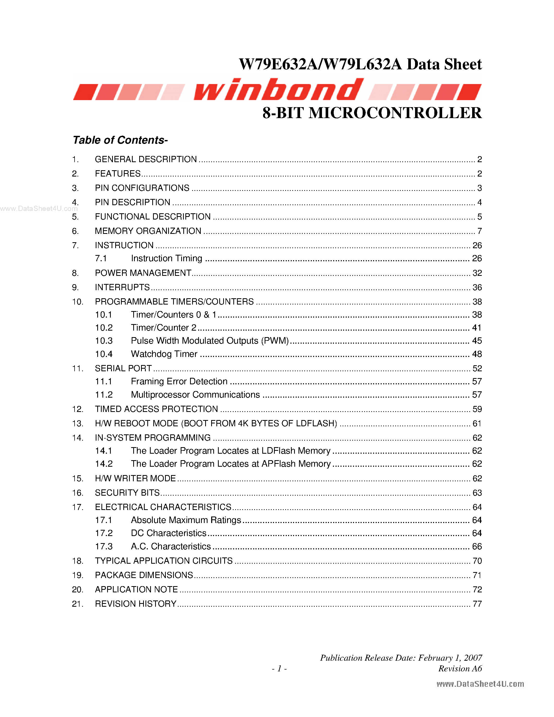 Datasheet W79E632A - 8-Bit Microcontroller page 1