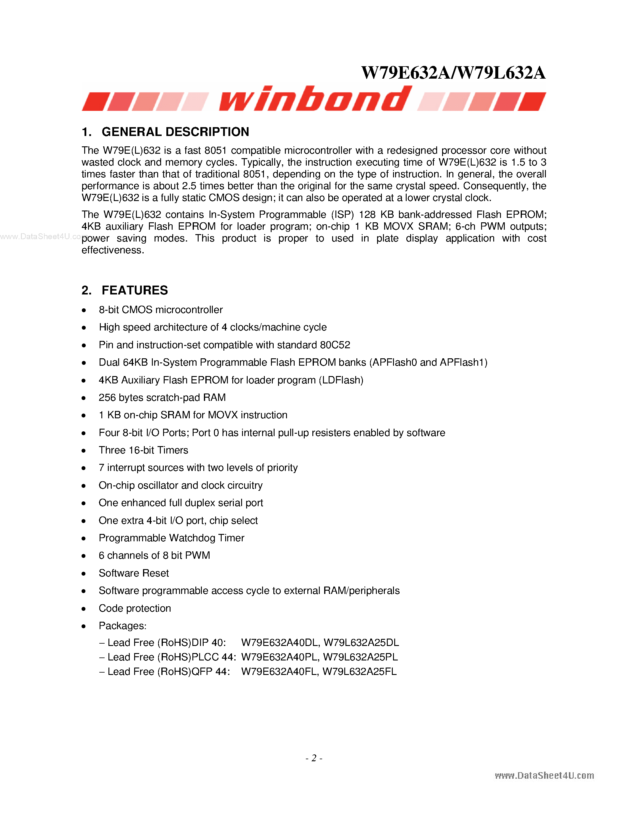Datasheet W79E632A - 8-Bit Microcontroller page 2