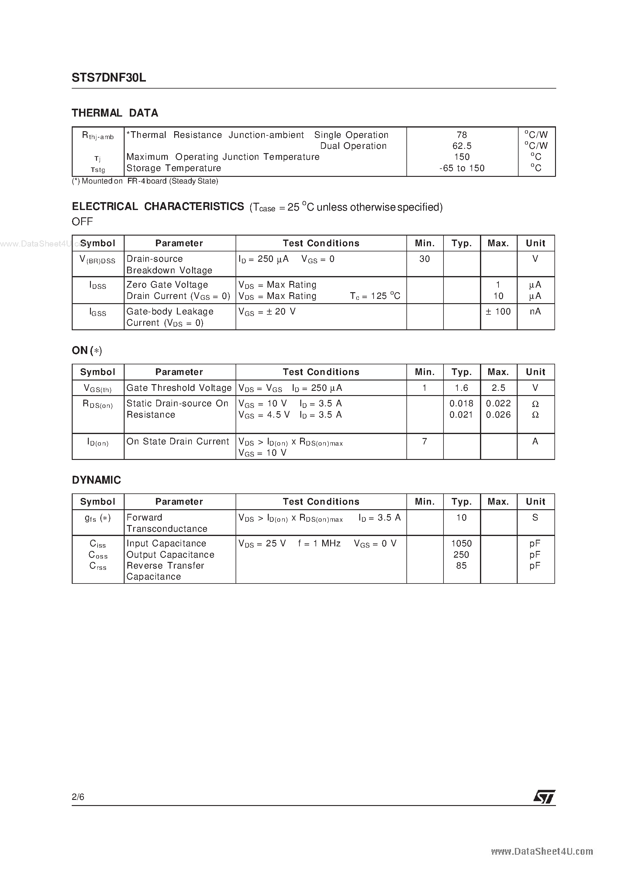 Datasheet STS7DNF30L - DUAL N-CHANNEL POWER MOSFET page 2