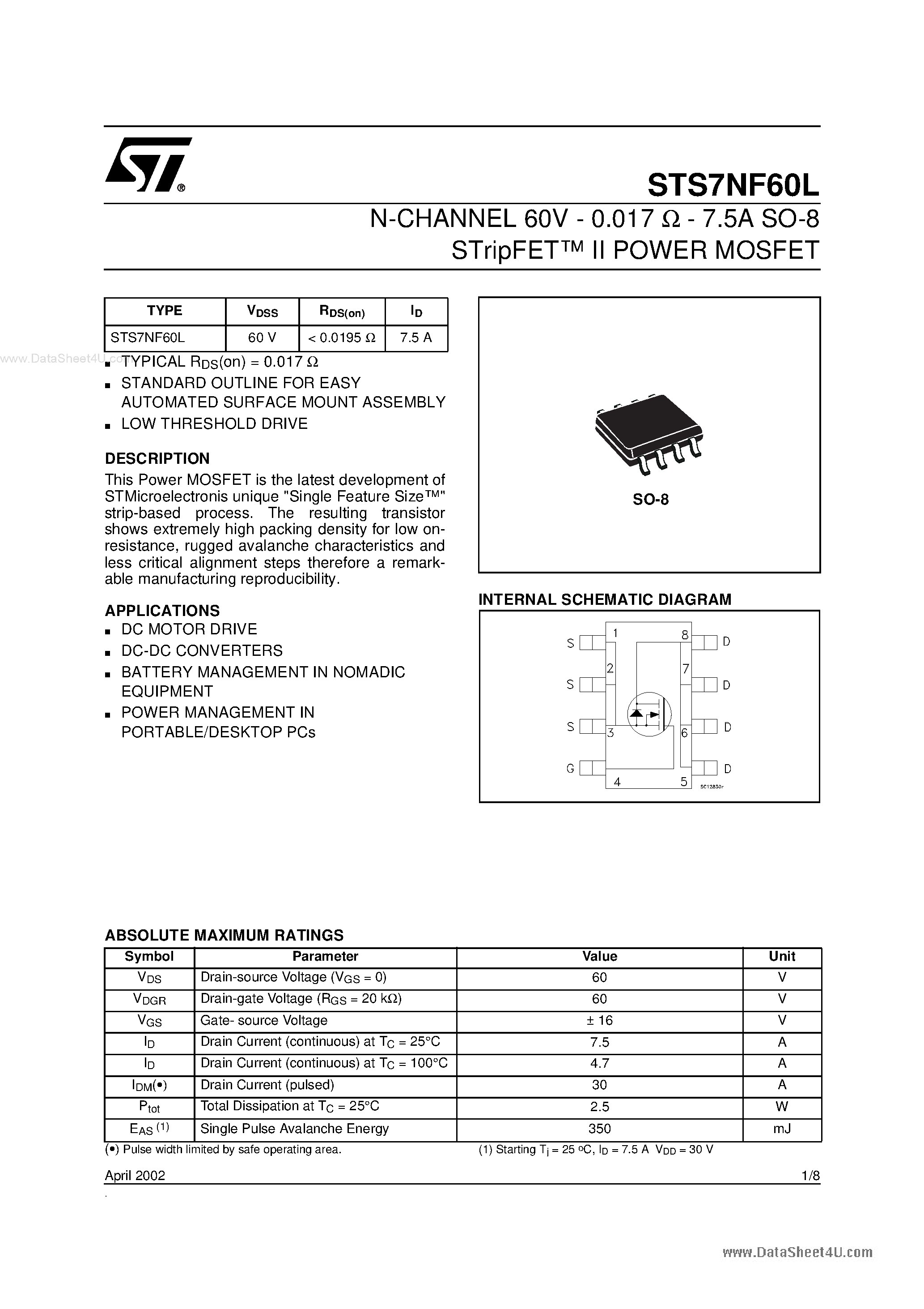 Datasheet STS7NF60L - N-CHANNEL POWER MOSFET page 1