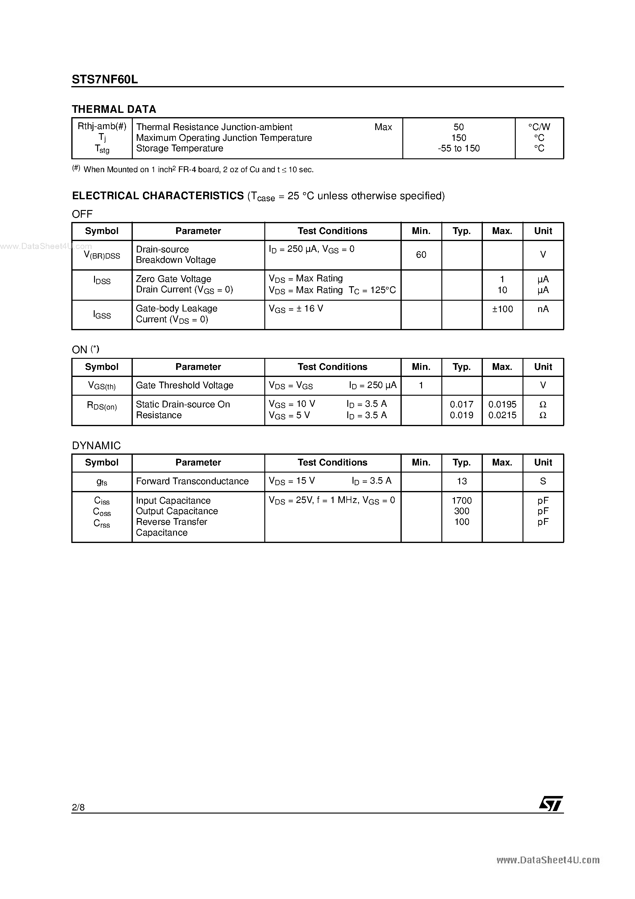 Datasheet STS7NF60L - N-CHANNEL POWER MOSFET page 2