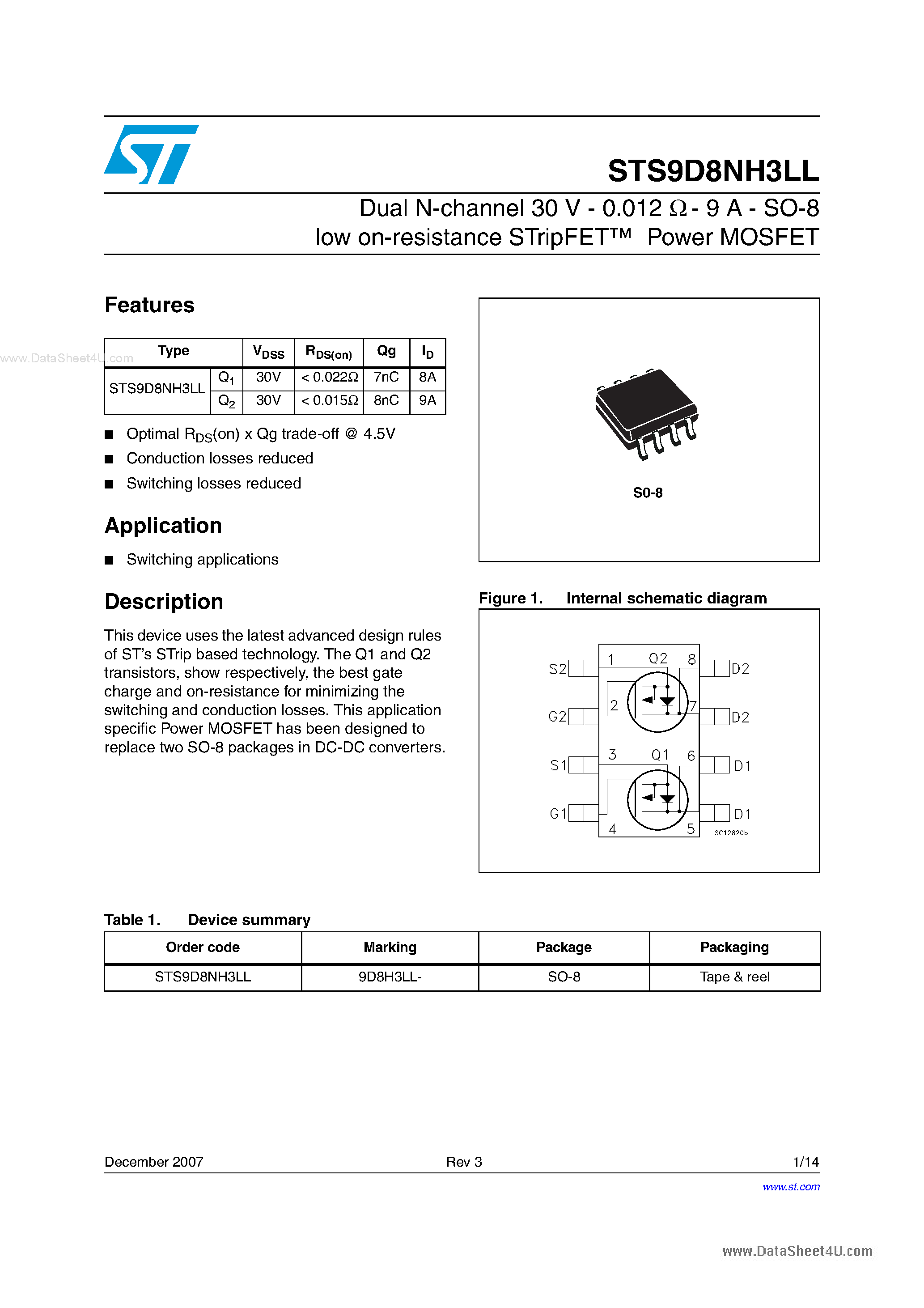 Datasheet STS9D8NH3LL - Dual N-channel Power MOSFET page 1