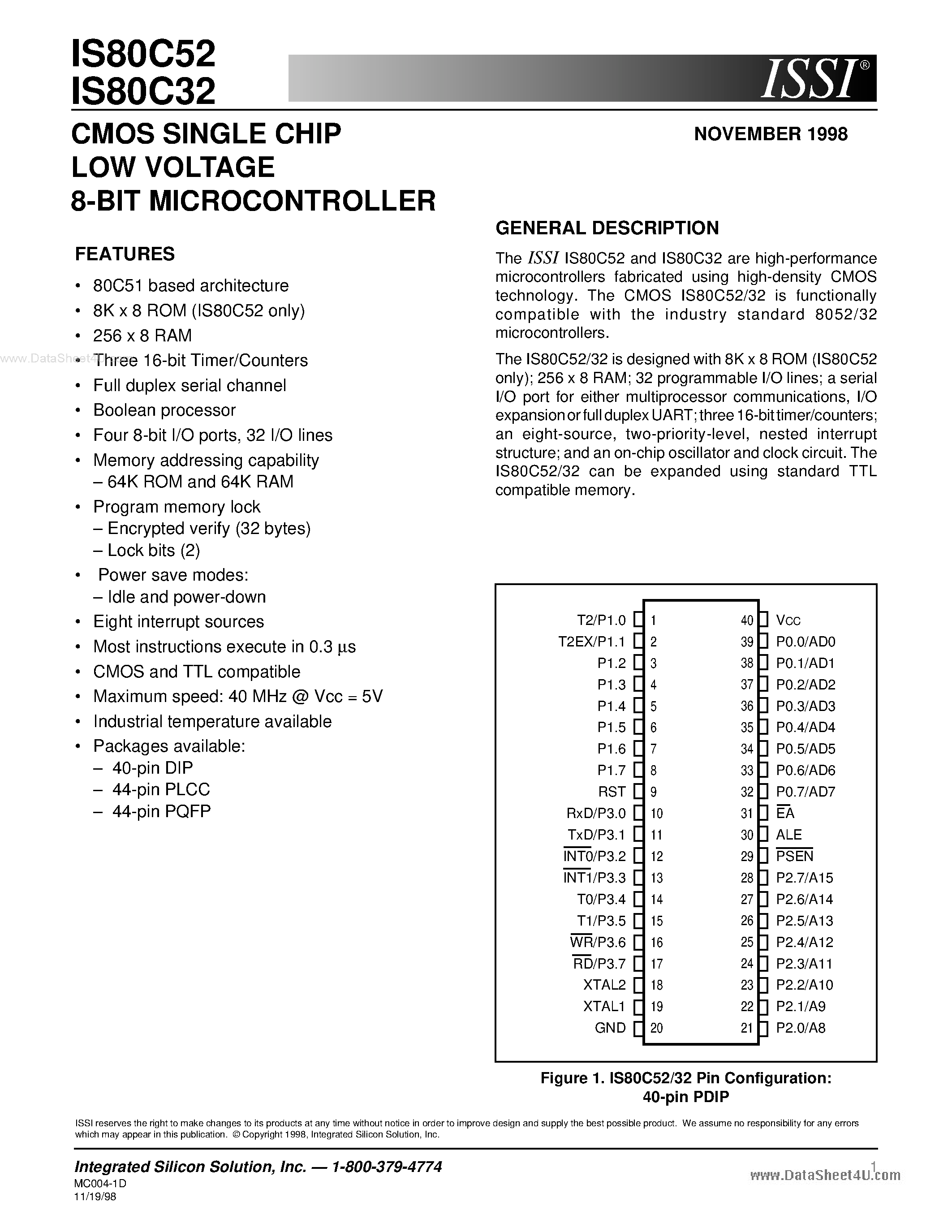 Datasheet IS80C32 - (IS80C32 / IS80C52) CMOS SINGLE CHIP LOW VOLTAGE 8-BIT MICROCONTROLLER page 1