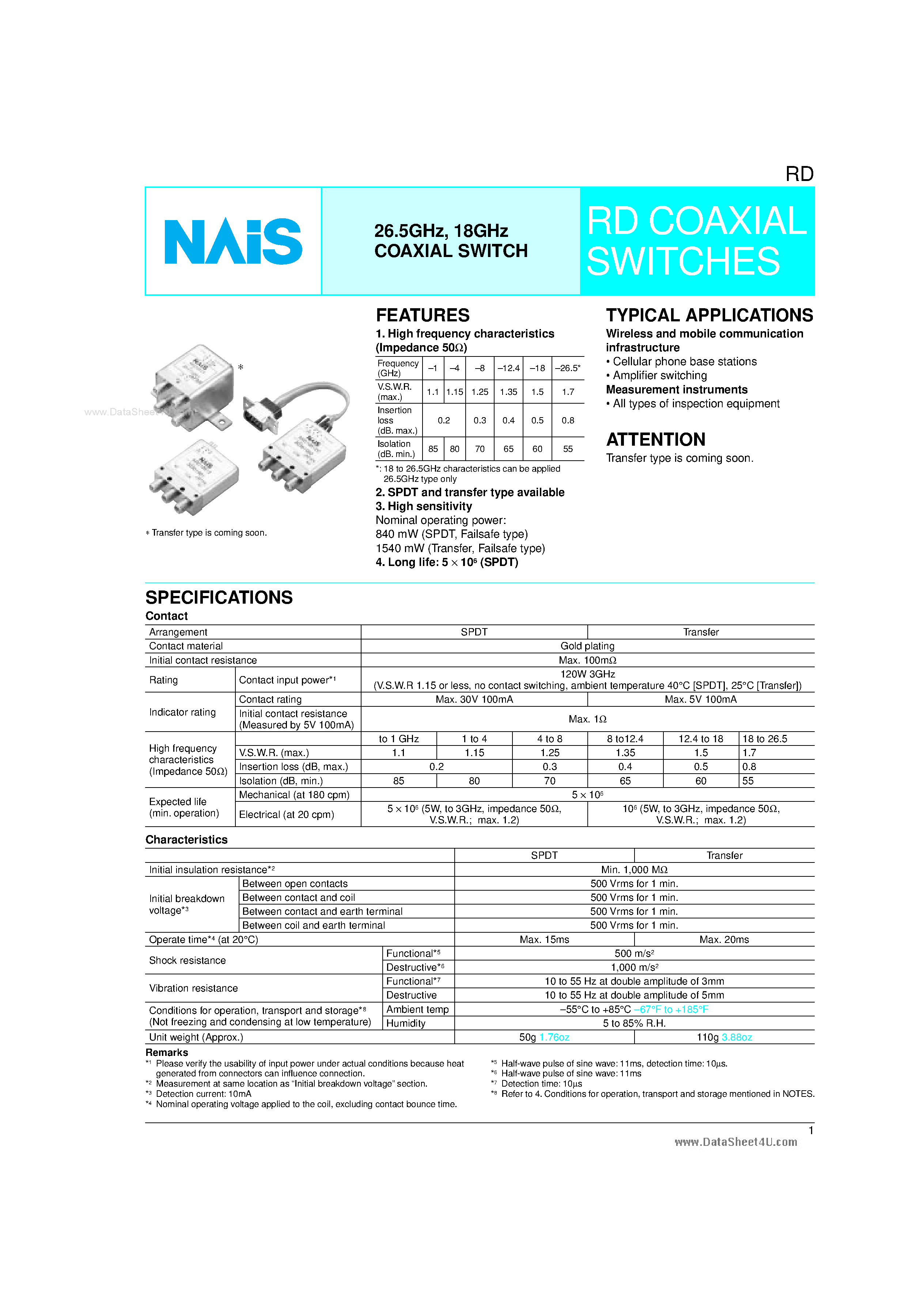Даташит на микросхему ARD100xx страница 1 Даташит ARD100xx - 18GHz COAXIAL SWITCH страница 1