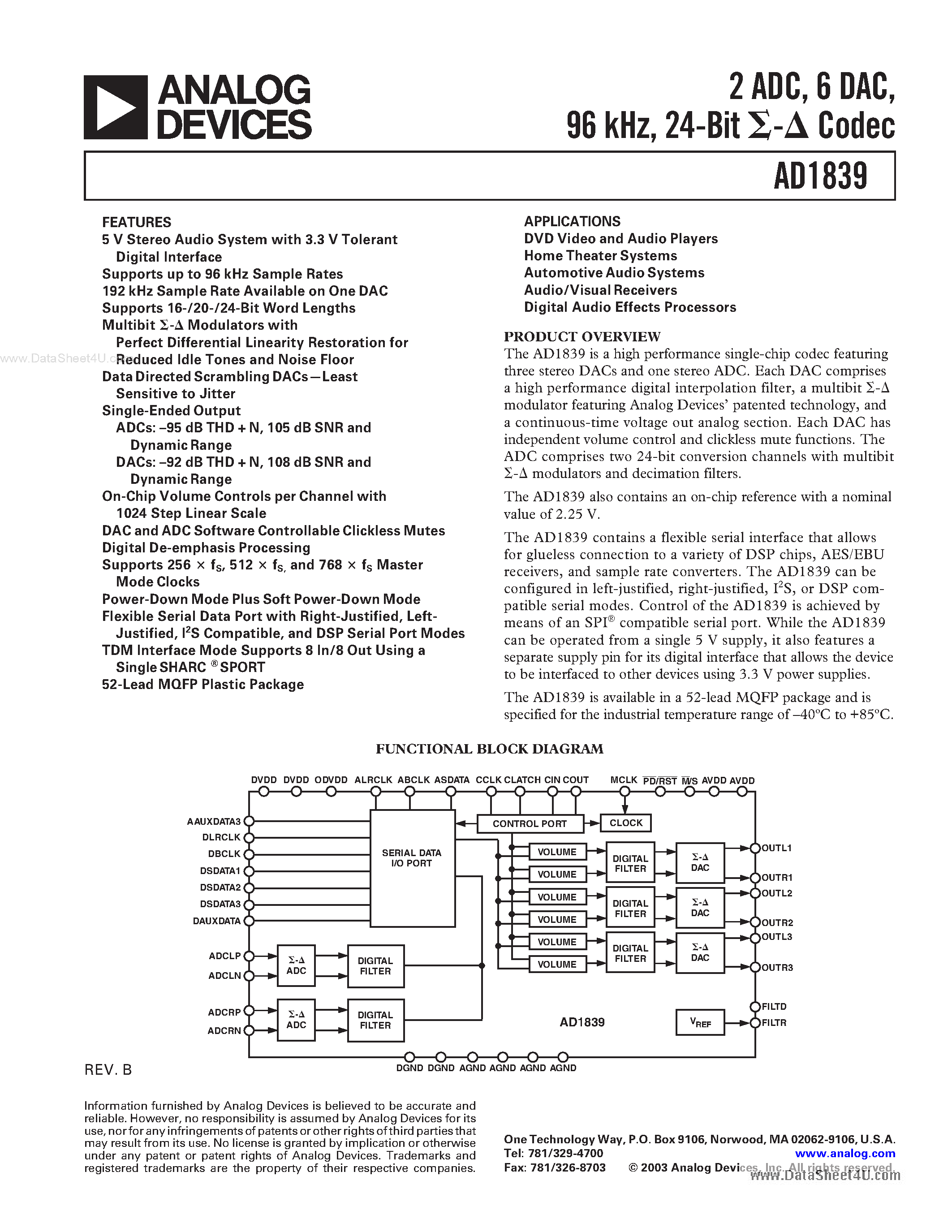 Даташит AD1839 - 24-Bit sigma-delta Codec страница 1