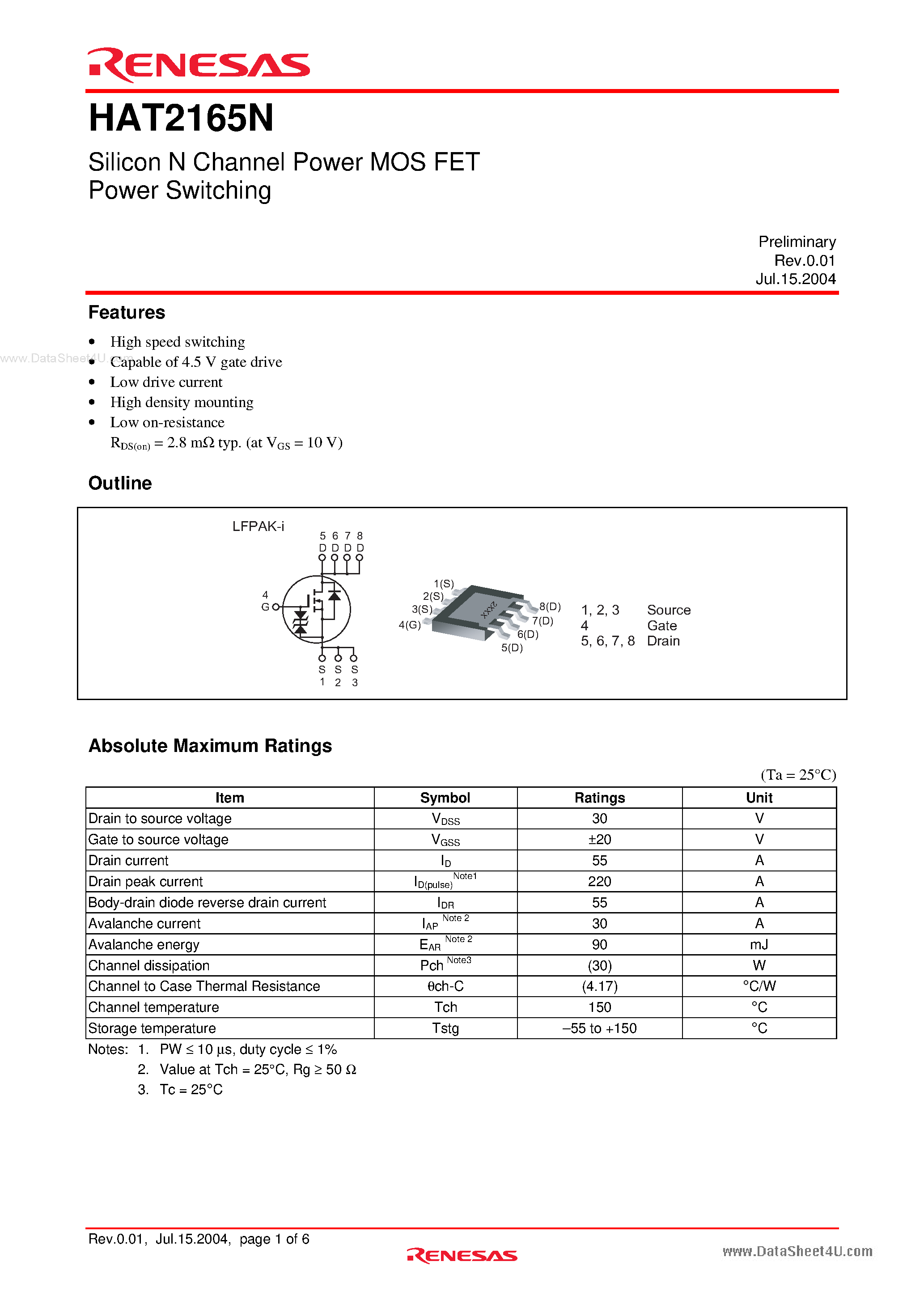 Datasheet HAT2165N - Silicon N Channel Power MOS FET Power Switching page 1