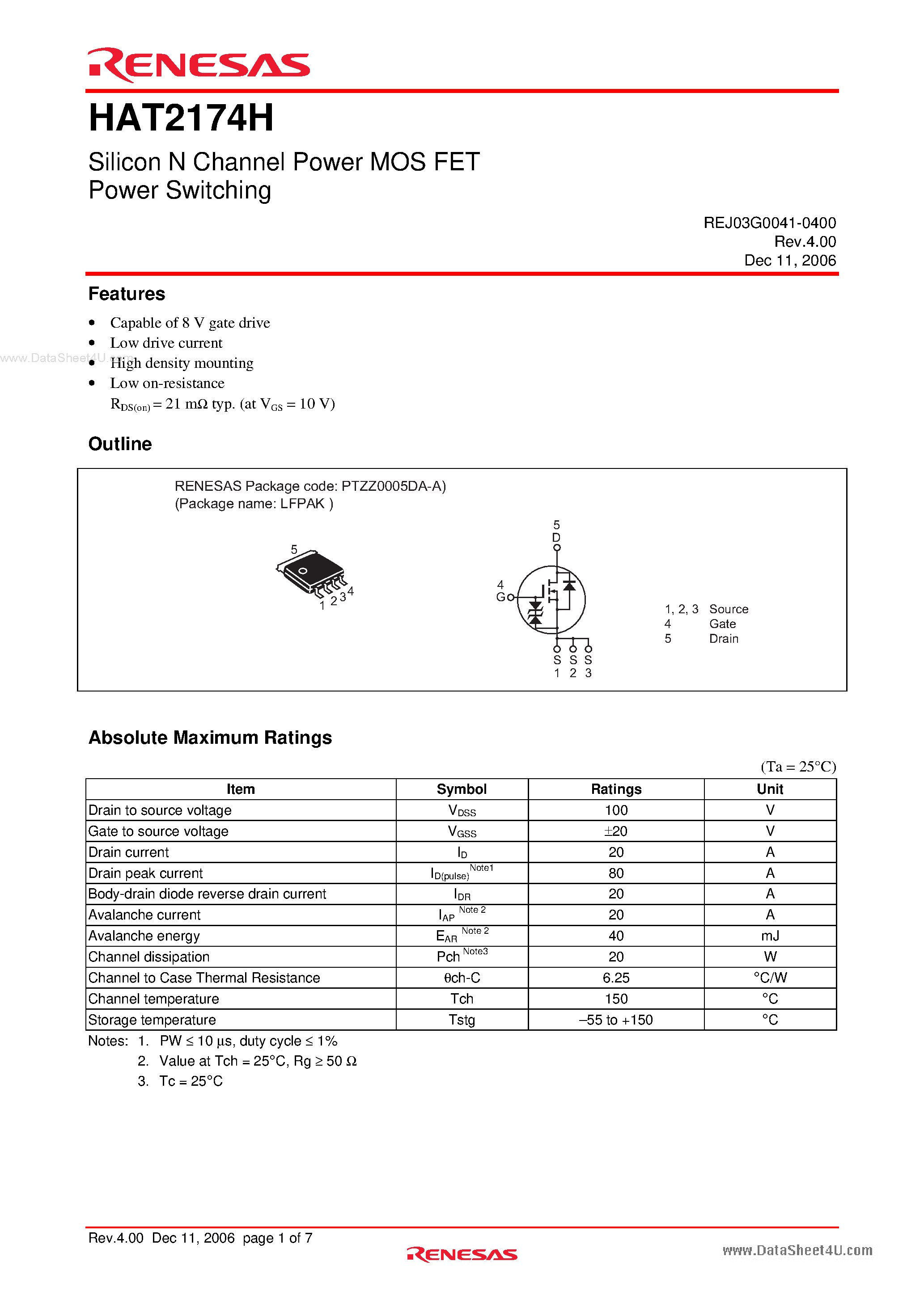 Datasheet HAT2174H page 1 Datasheet HAT2174H - Silicon N Channel Power MOS FET Power Switching page 1
