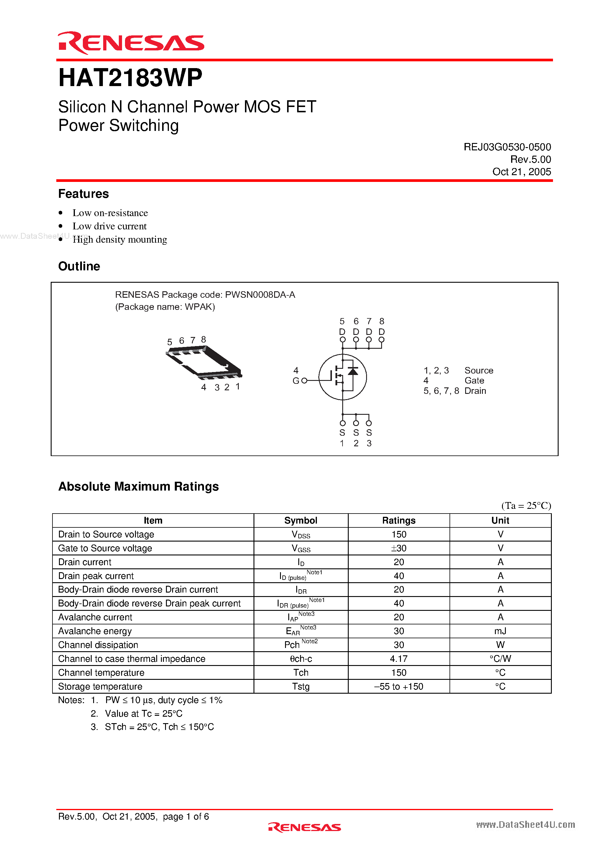 Datasheet HAT2183WP - Silicon N Channel Power MOS FET Power Switching page 1