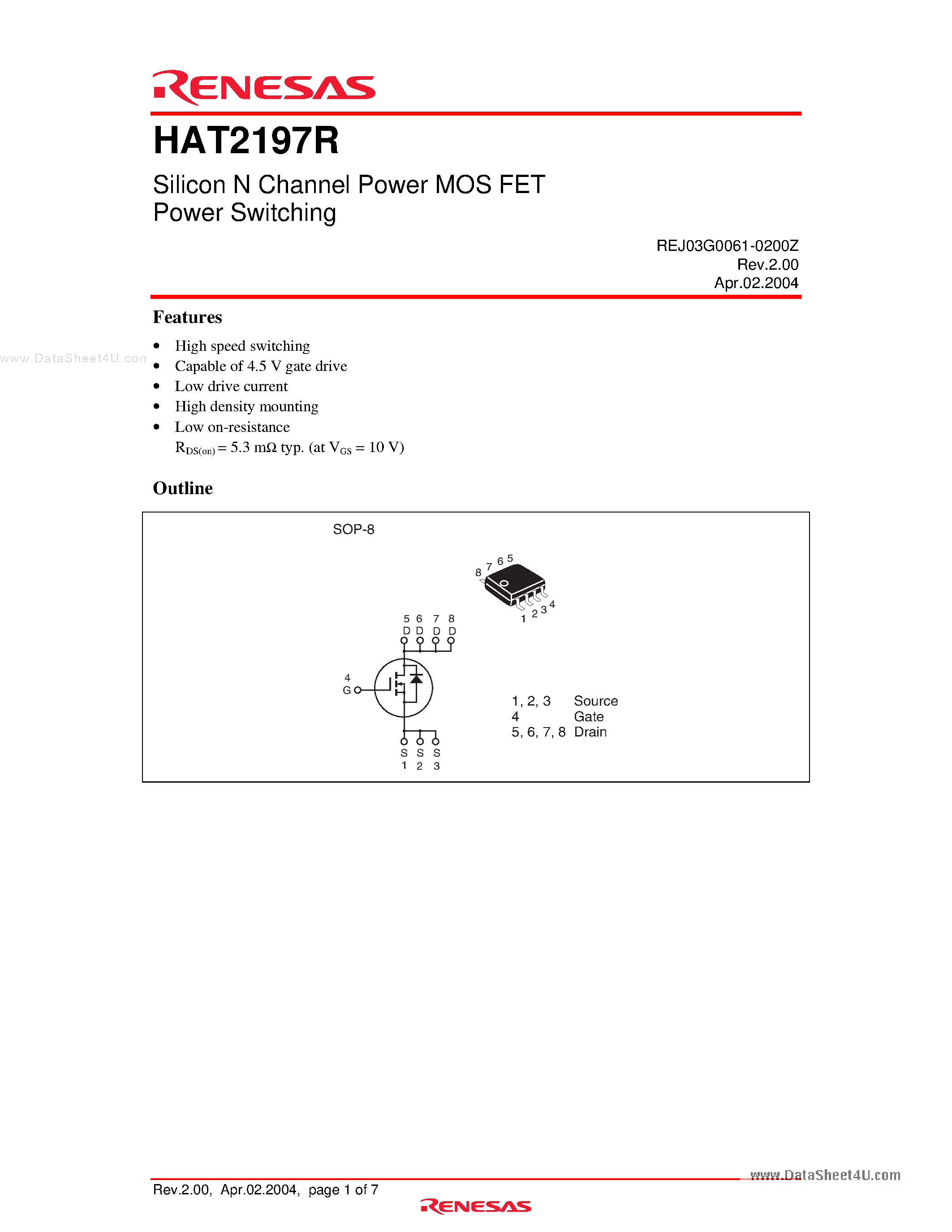 Datasheet HAT2197R - Silicon N Channel Power MOS FET Power Switching page 1