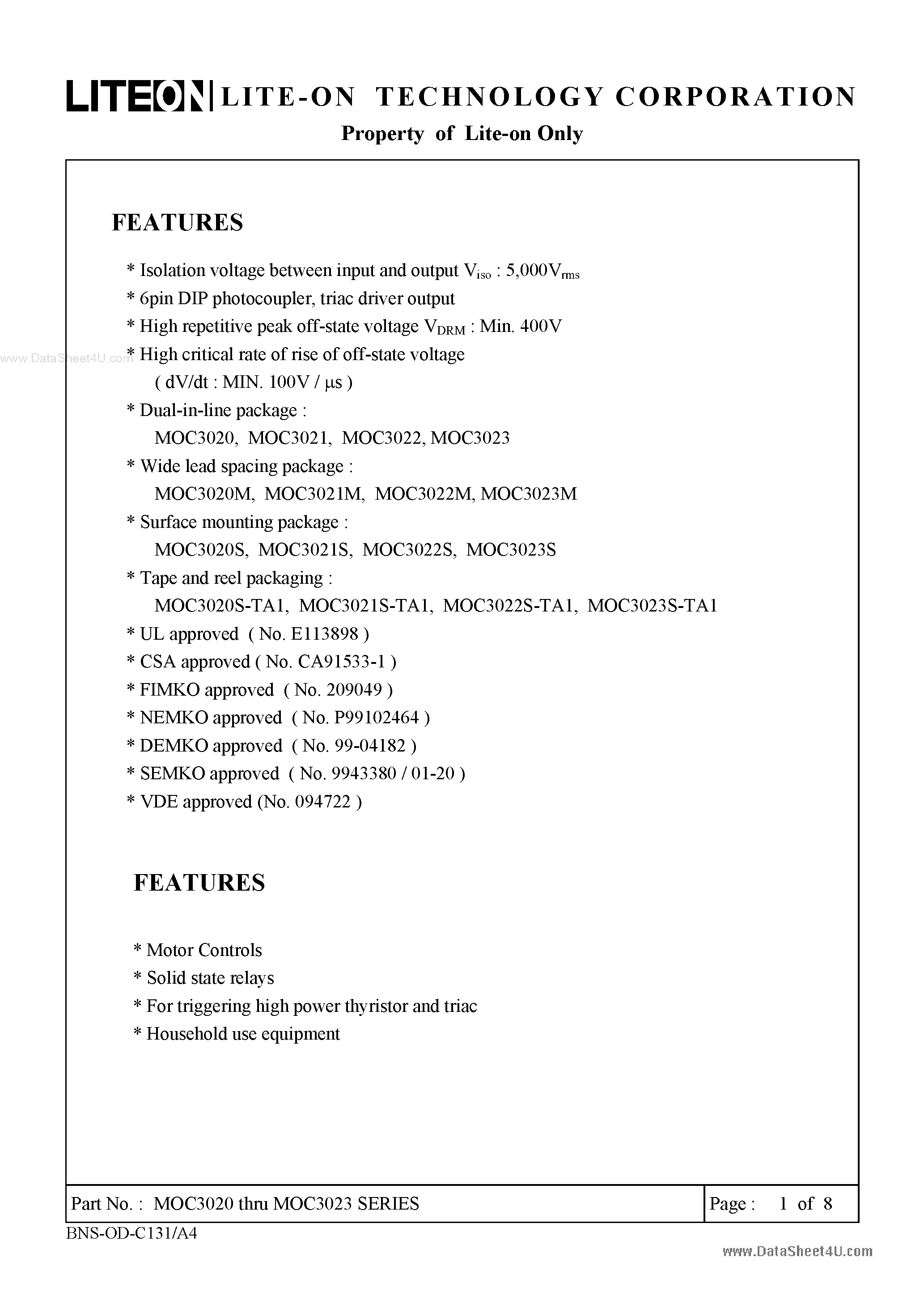 Даташит на микросхему MOC3021 страница 1 Даташит MOC3021 - (MOC3021 - MOC3023) 6pin DIP photocoupler страница 1