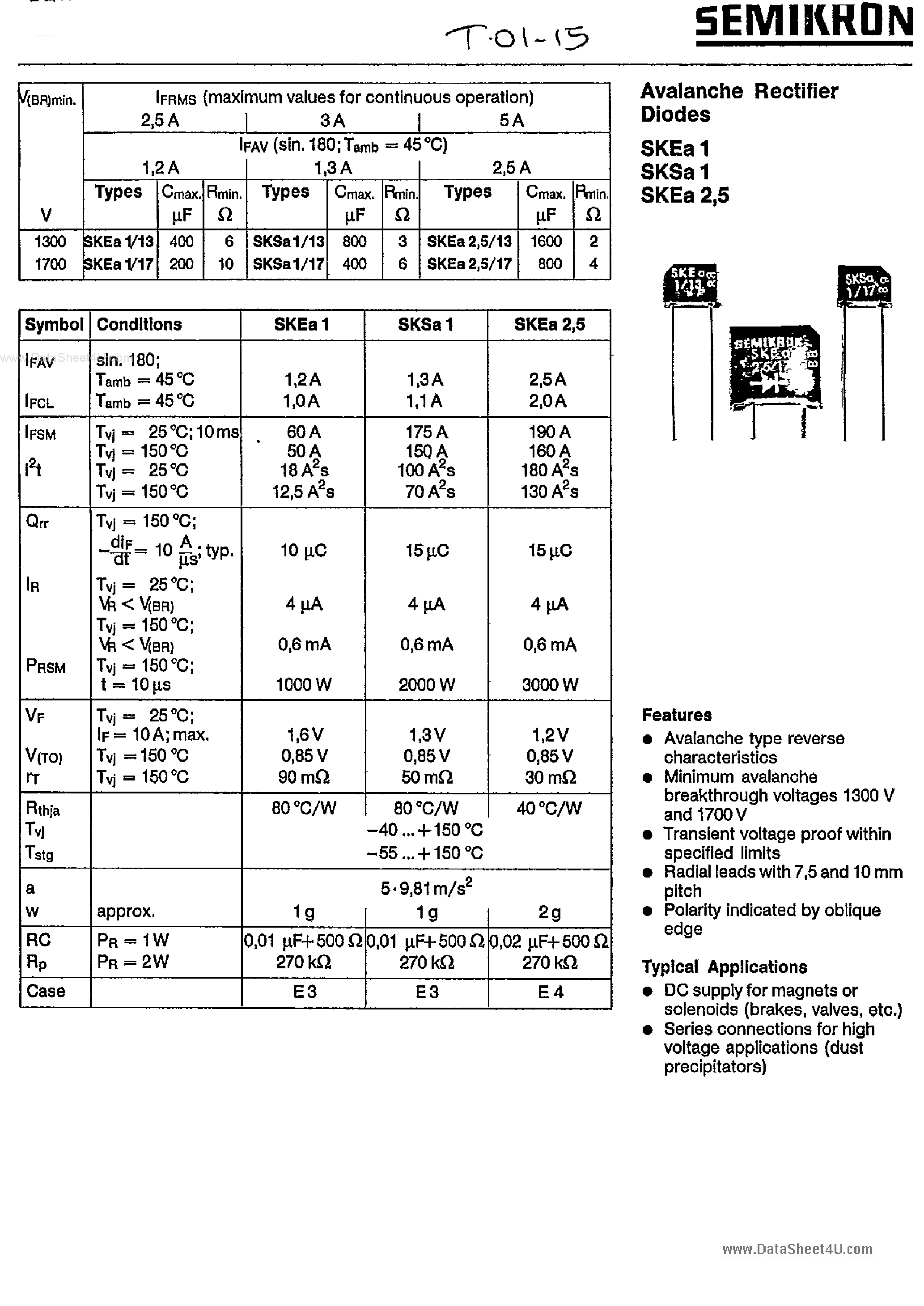 Даташит SKEA1 - AVALANCHE RECTIFIER DIODES страница 1