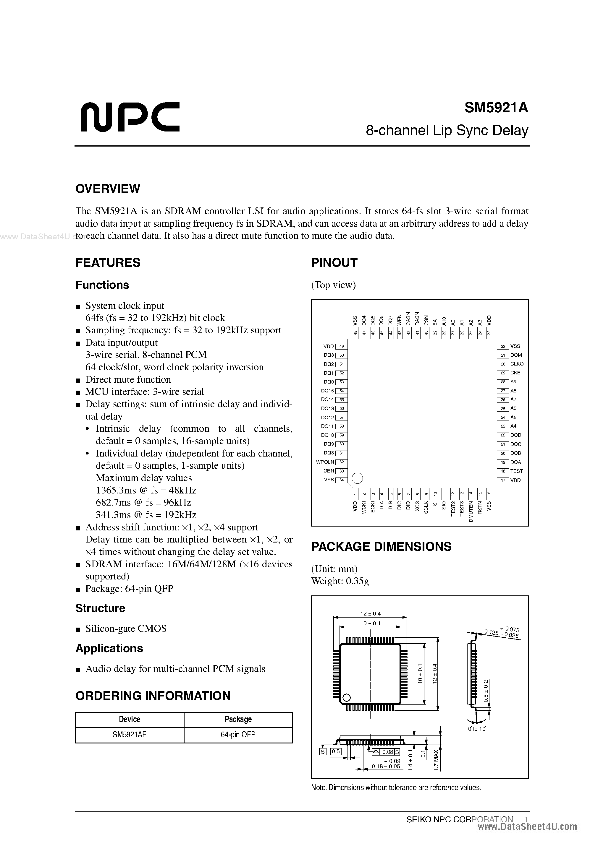 Datasheet SM5921A page 1 Datasheet SM5921A - 8-channel Lip Sync Delay page 1