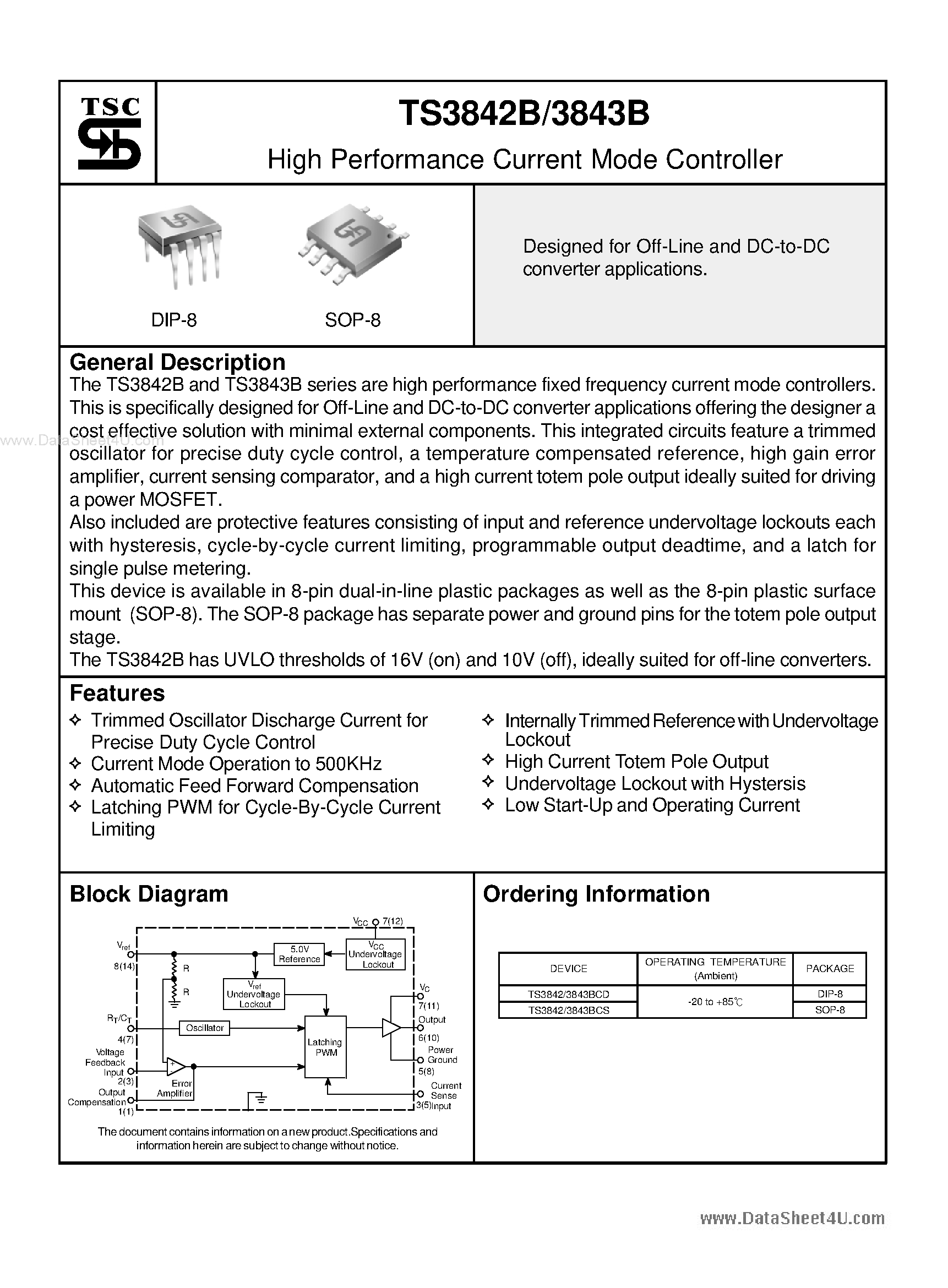 Datasheet TS3842B - (TS3842B / TS3843B) High Performance Current Mode Controller page 1