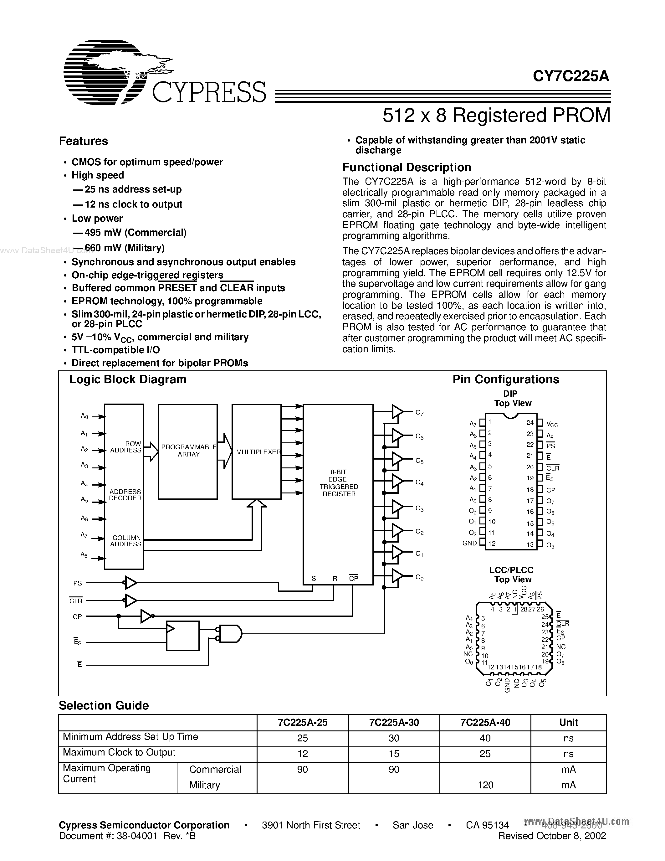 Даташит на микросхему CY7C225A страница 1 Даташит CY7C225A - 512 x 8 Registered PROM страница 1