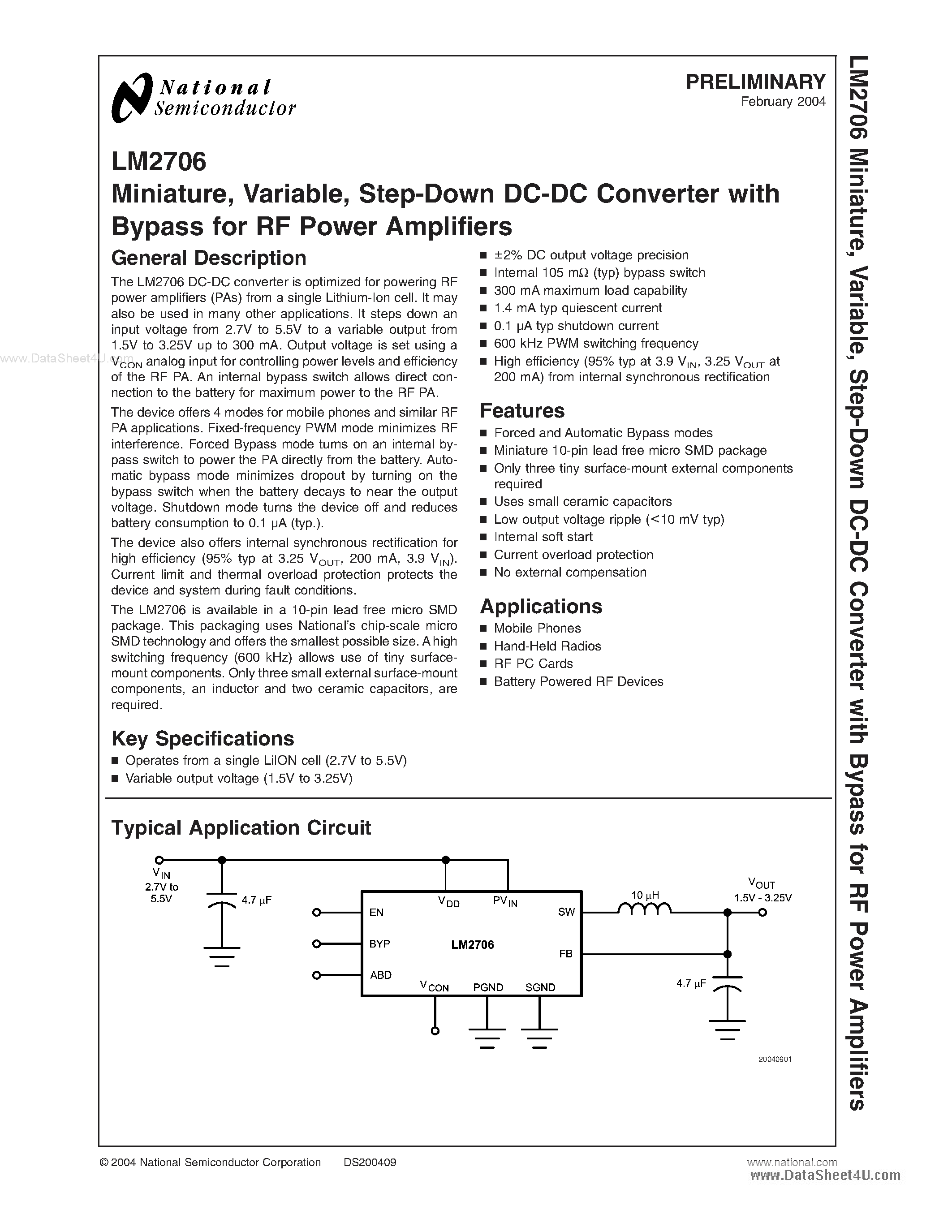 Datasheet LM2706 page 1 Datasheet LM2706 - Step-Down DC-DC Converter page 1