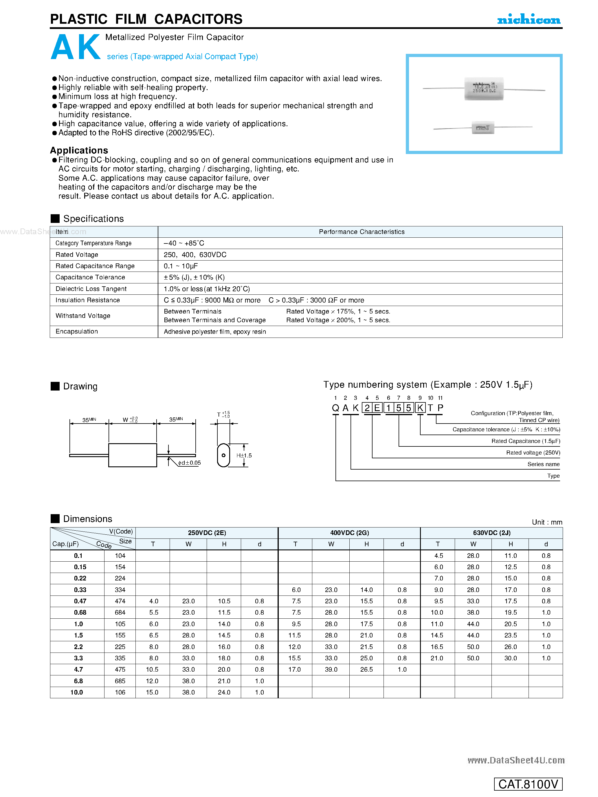 Datasheet QAK - PLASTIC FILM CAPACITORS page 1