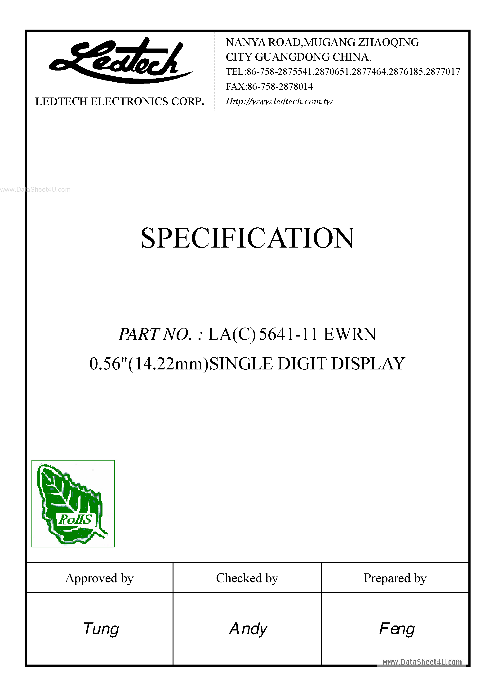 Datasheet LC5641-11 page 1 Datasheet LC5641-11 - 0.56 Single Digit Display page 1