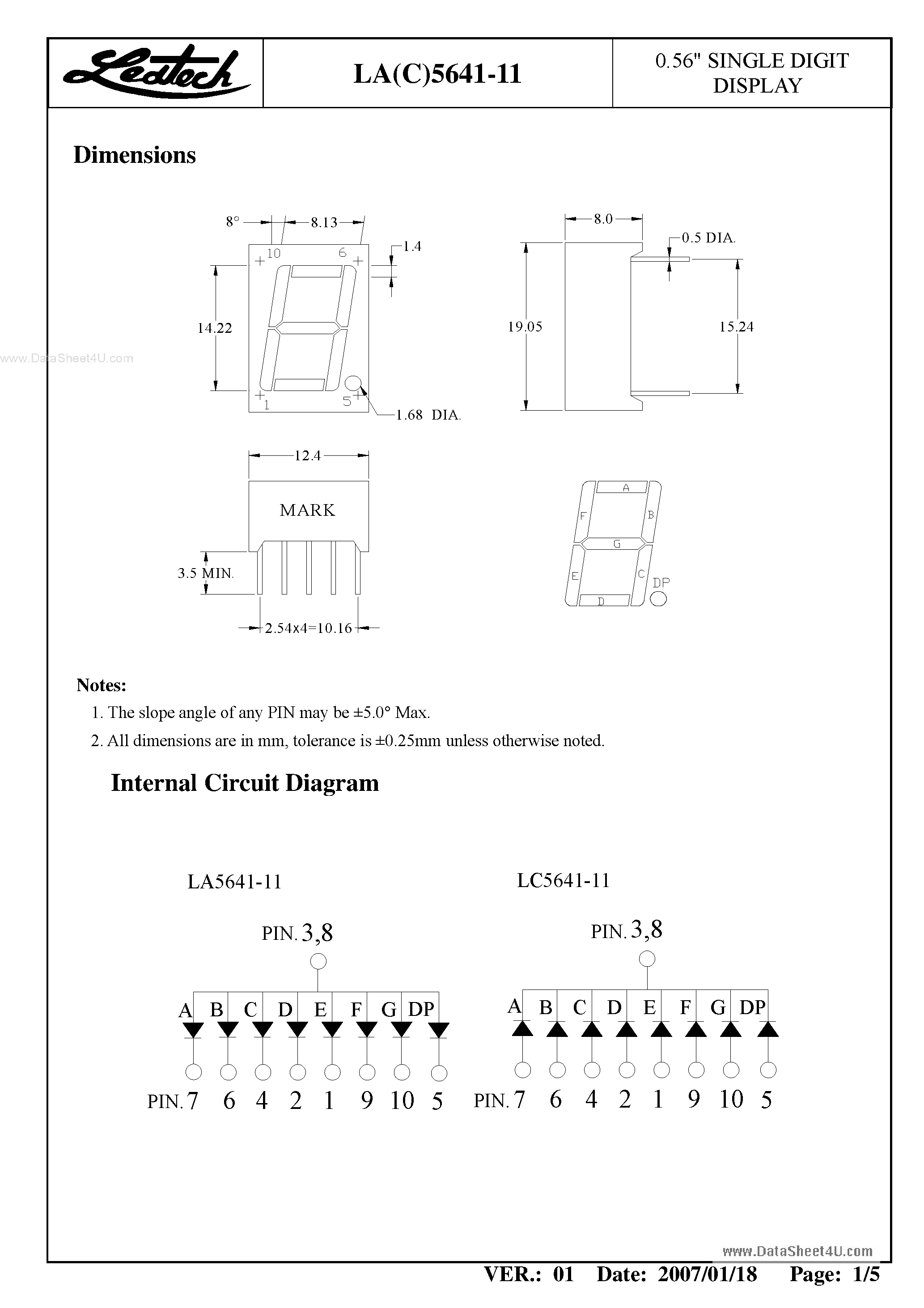 Datasheet LC5641-11 page 2 Datasheet LC5641-11 - 0.56 Single Digit Display page 2