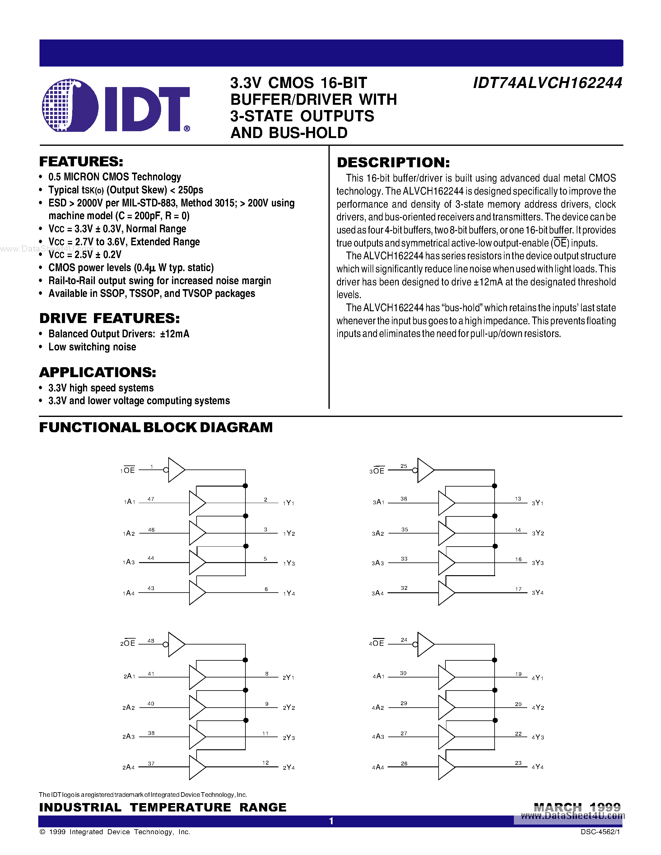 Datasheet IDT74ALVCH162244 - 3.3V CMOS 16-BIT BUFFER/DRIVER page 1