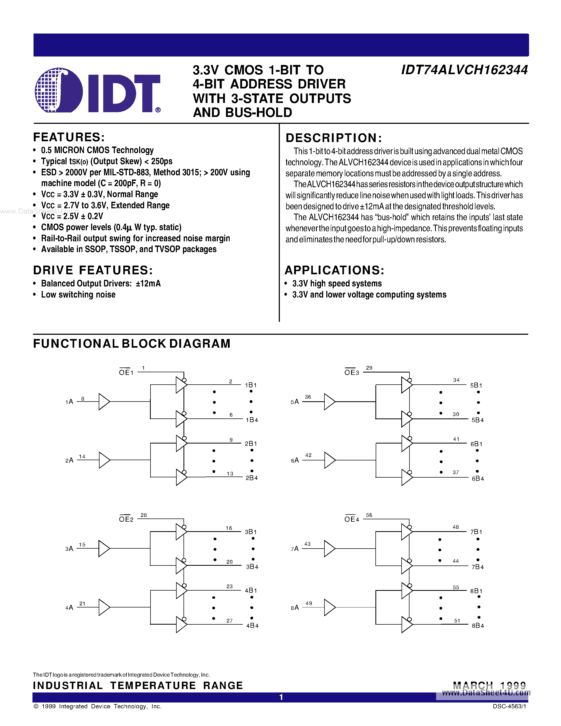 Даташит IDT74ALVCH162344 - 3.3V CMOS 1-BIT TO 4-BIT ADDRESS DRIVER страница 1