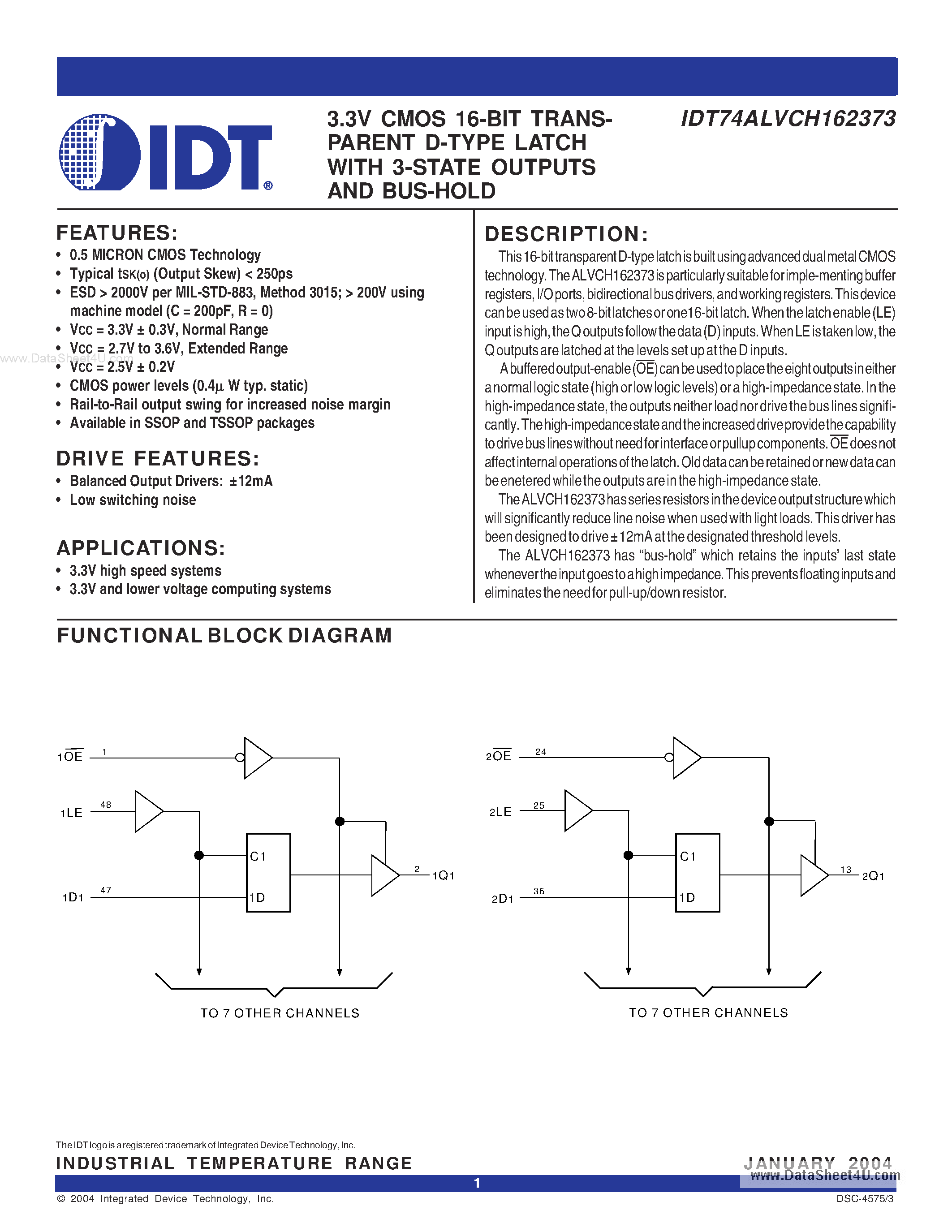 Datasheet IDT74ALVCH162373 - 3.3V CMOS 16-BIT TRANSPARENT D-TYPE LATCH page 1