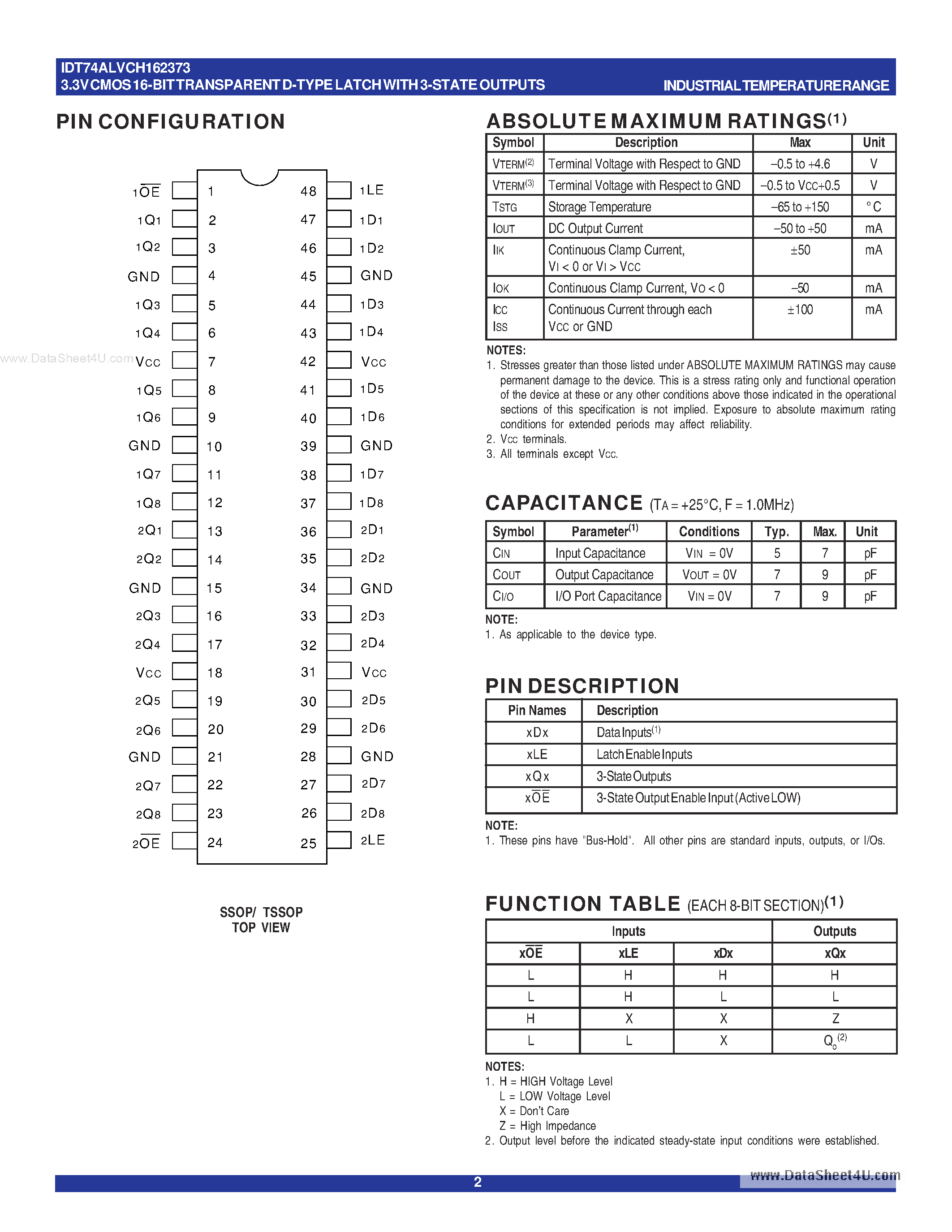 Datasheet IDT74ALVCH162373 - 3.3V CMOS 16-BIT TRANSPARENT D-TYPE LATCH page 2