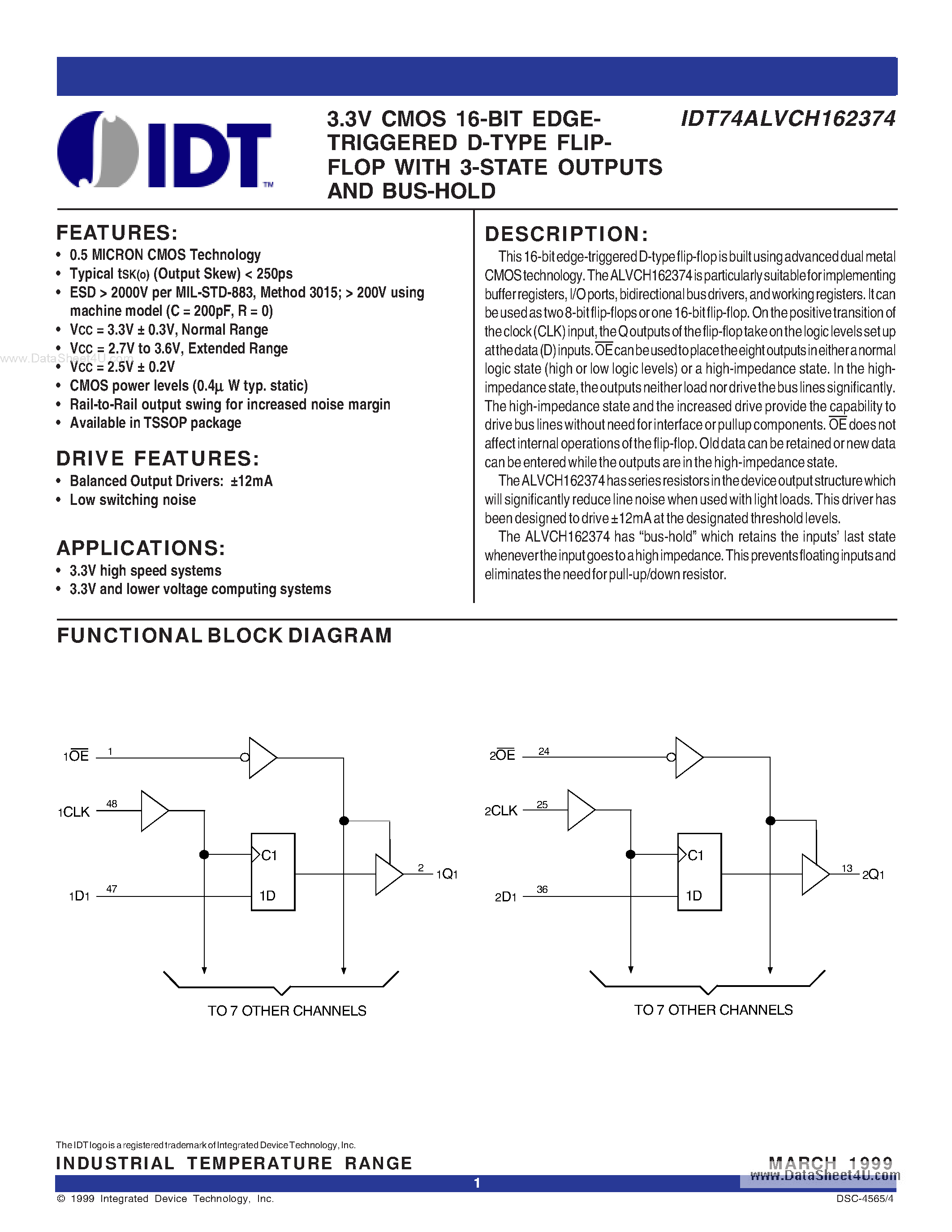 Datasheet IDT74ALVCH162374 - 3.3V CMOS 16-BIT EDGE-TRIGGERED D-TYPE FLIPFLOP page 1