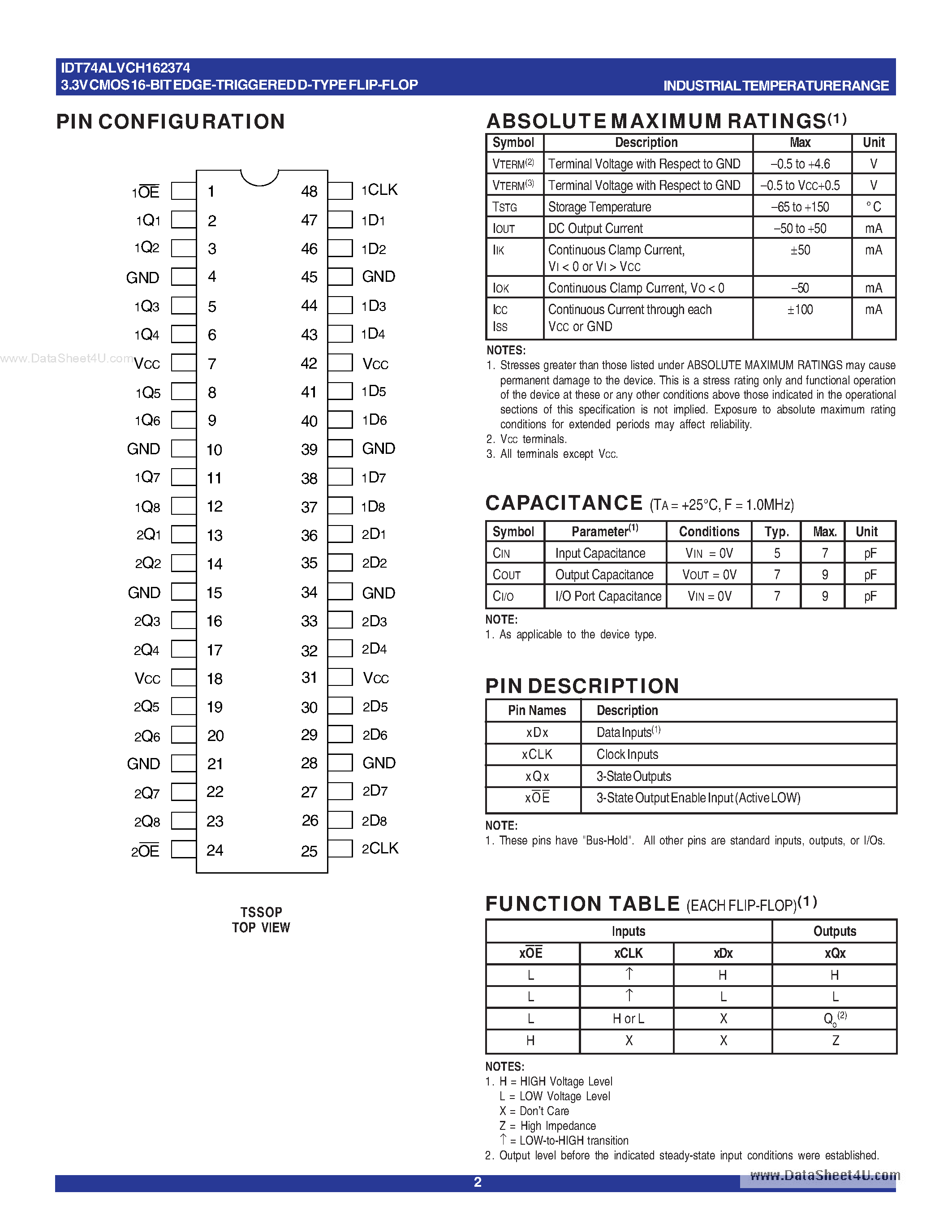 Datasheet IDT74ALVCH162374 - 3.3V CMOS 16-BIT EDGE-TRIGGERED D-TYPE FLIPFLOP page 2