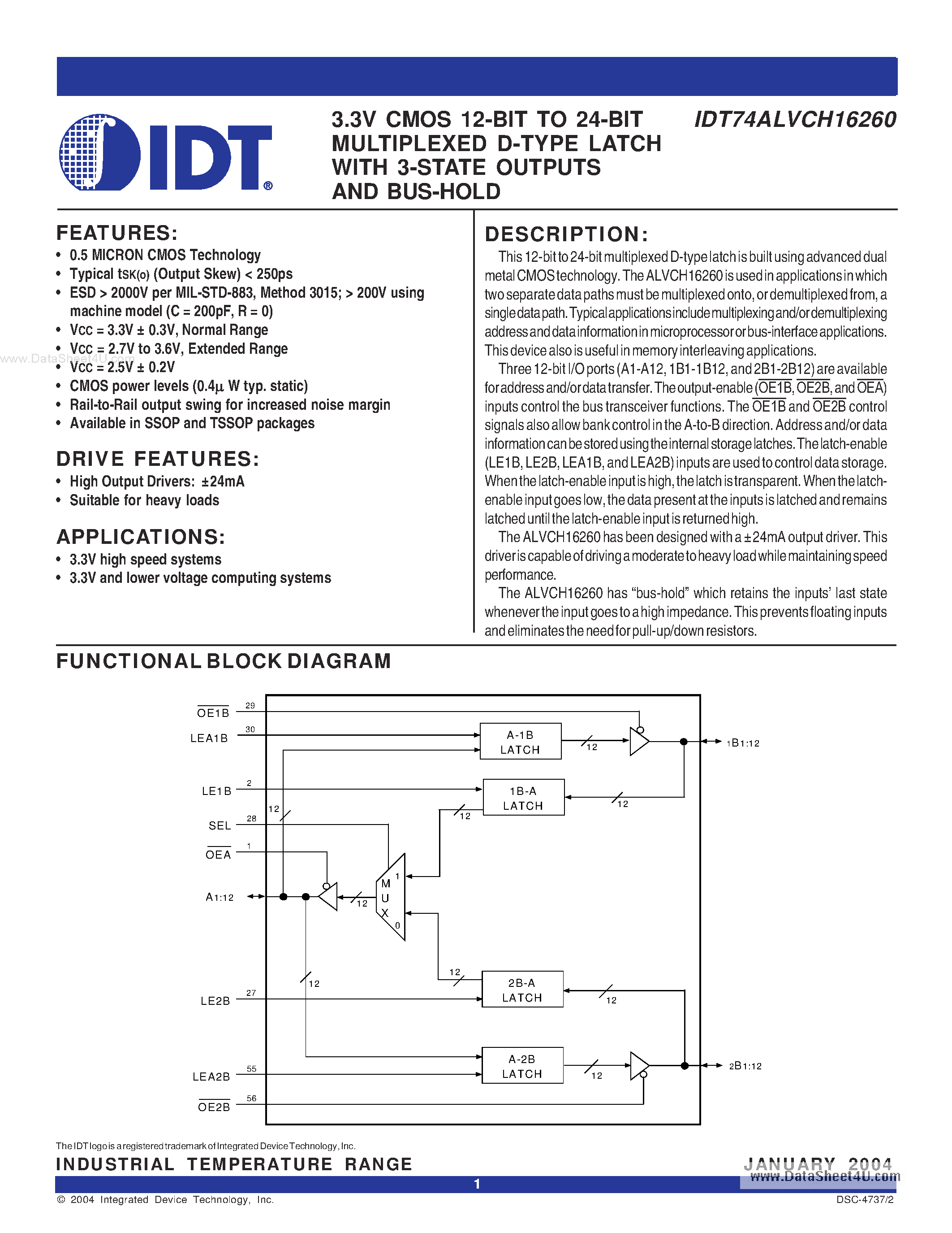 Datasheet IDT74ALVCH16260 - 3.3V CMOS 12-BIT TO 24-BIT MULTIPLEXED D-TYPE LATCH page 1