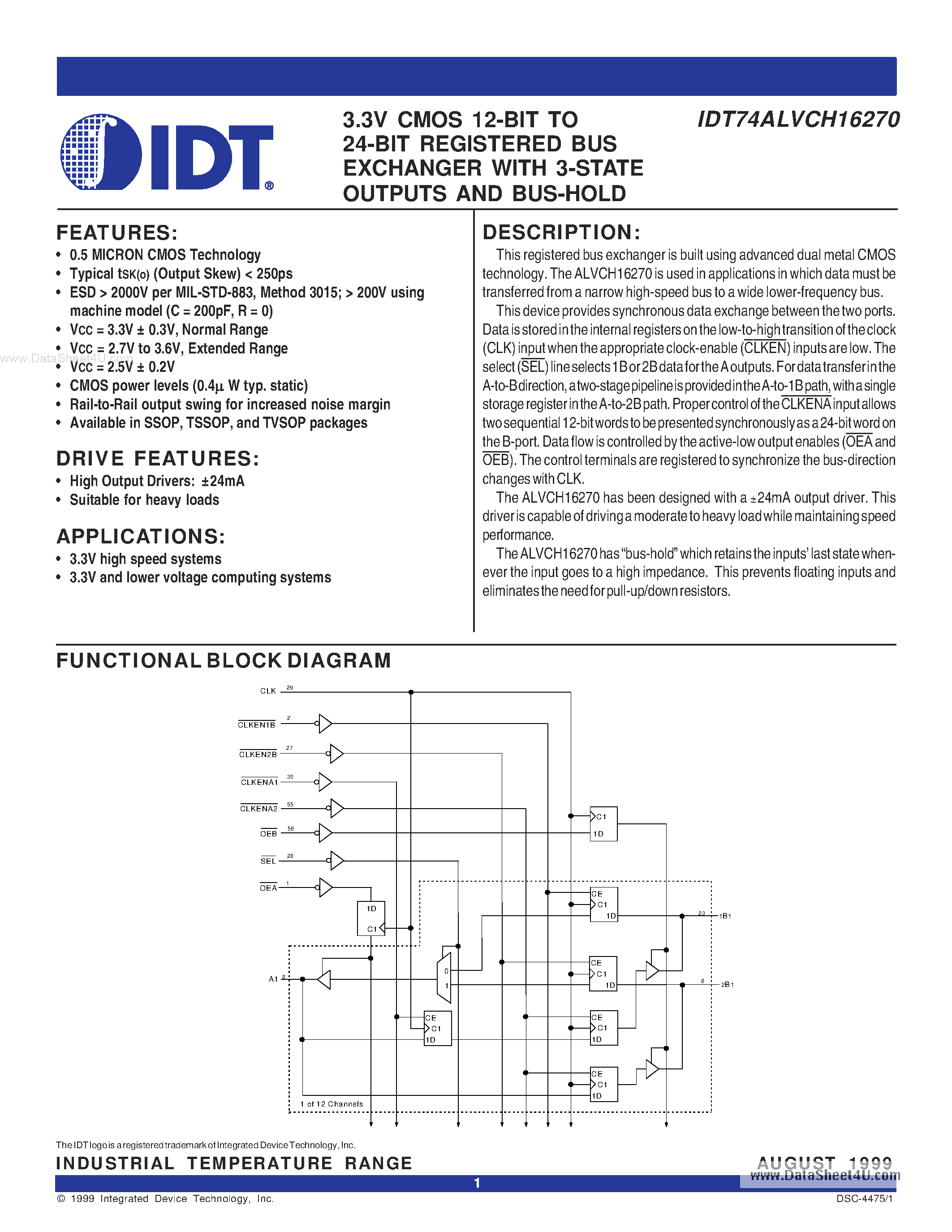 Datasheet IDT74ALVCH16270 - 3.3V CMOS 12-BIT TO 24-BIT REGISTERED BUS EXCHANGER page 1