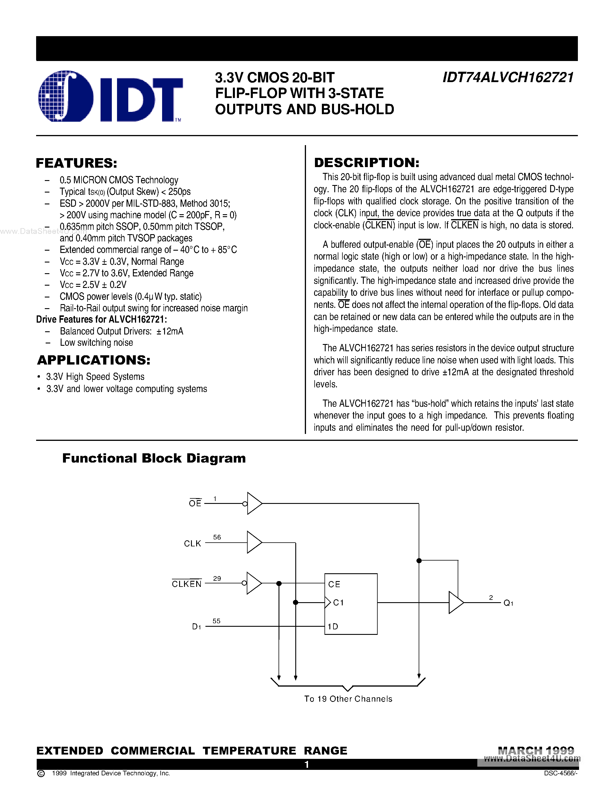 Datasheet IDT74ALVCH162721 - 3.3V CMOS 20-BIT FLIP-FLOP page 1
