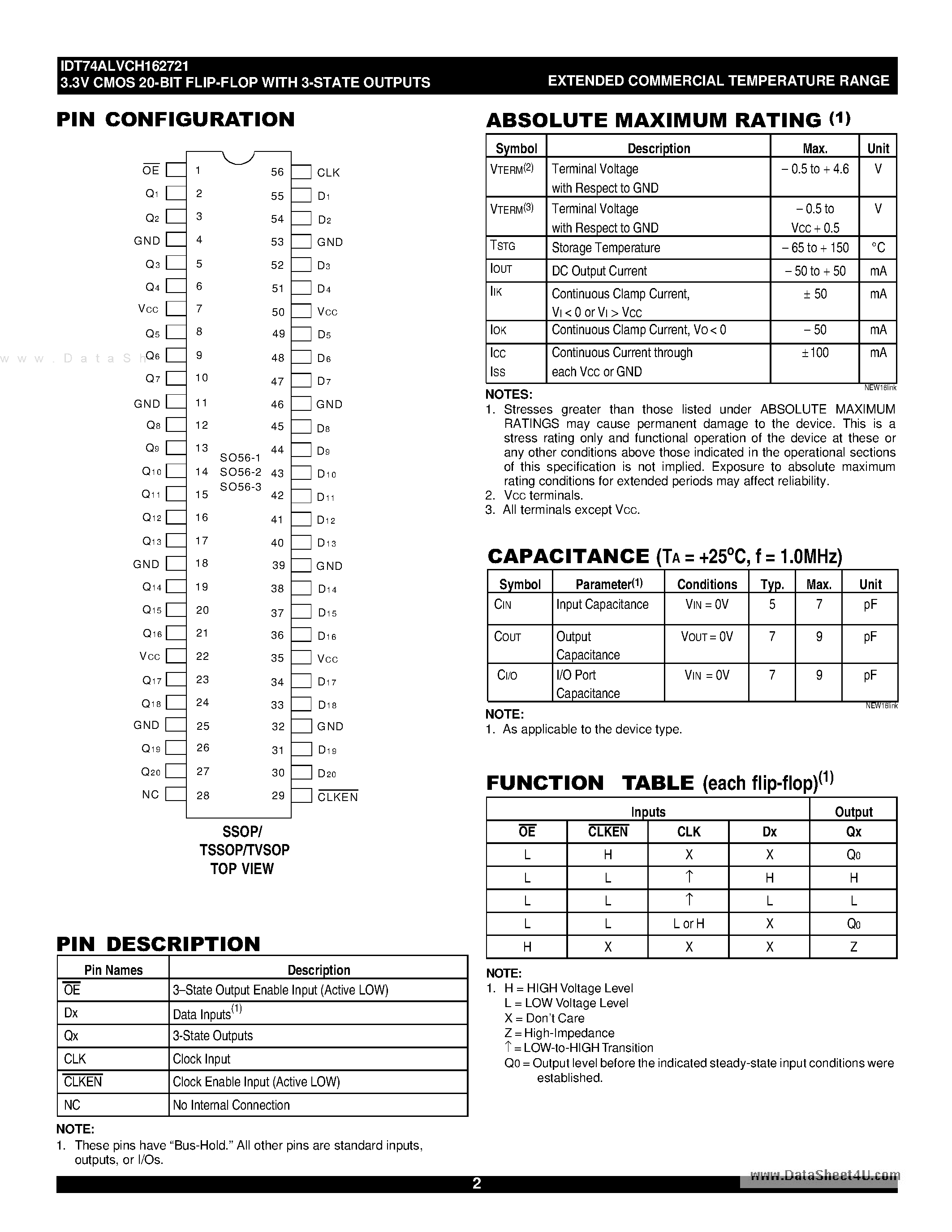 Datasheet IDT74ALVCH162721 - 3.3V CMOS 20-BIT FLIP-FLOP page 2