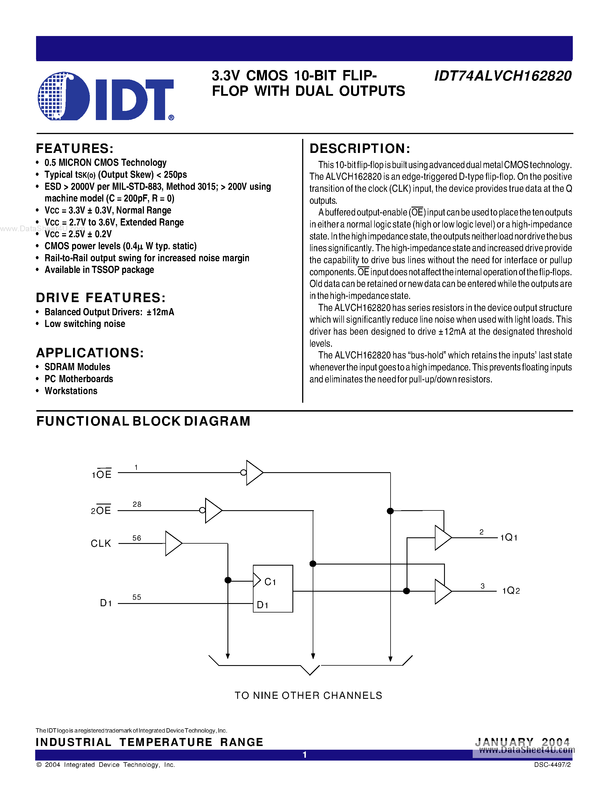 Datasheet IDT74ALVCH162820 - 3.3V CMOS 10-BIT FLIP FLOP page 1