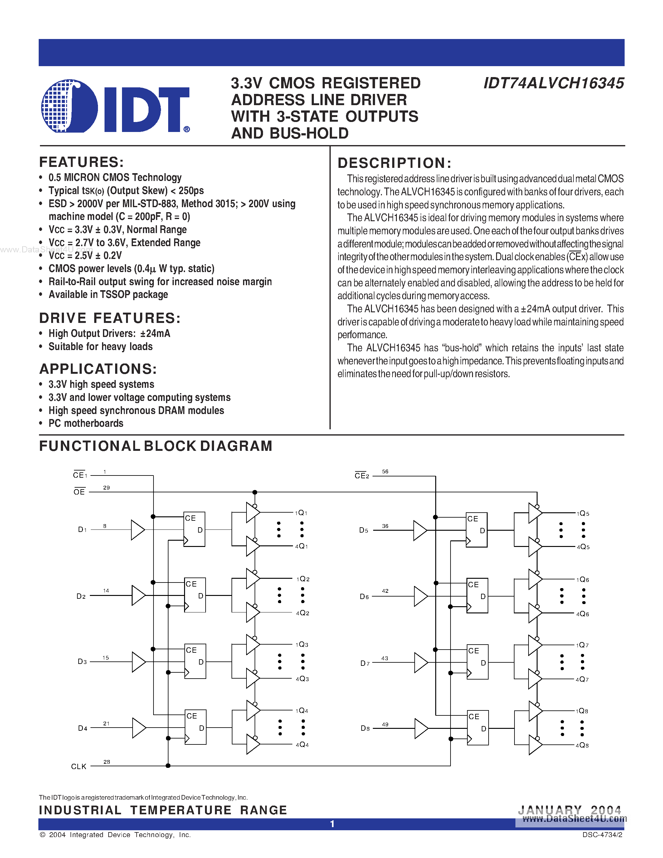 Datasheet IDT74ALVCH16345 - 3.3V CMOS REGISTERED ADDRESS LINE DRIVER page 1