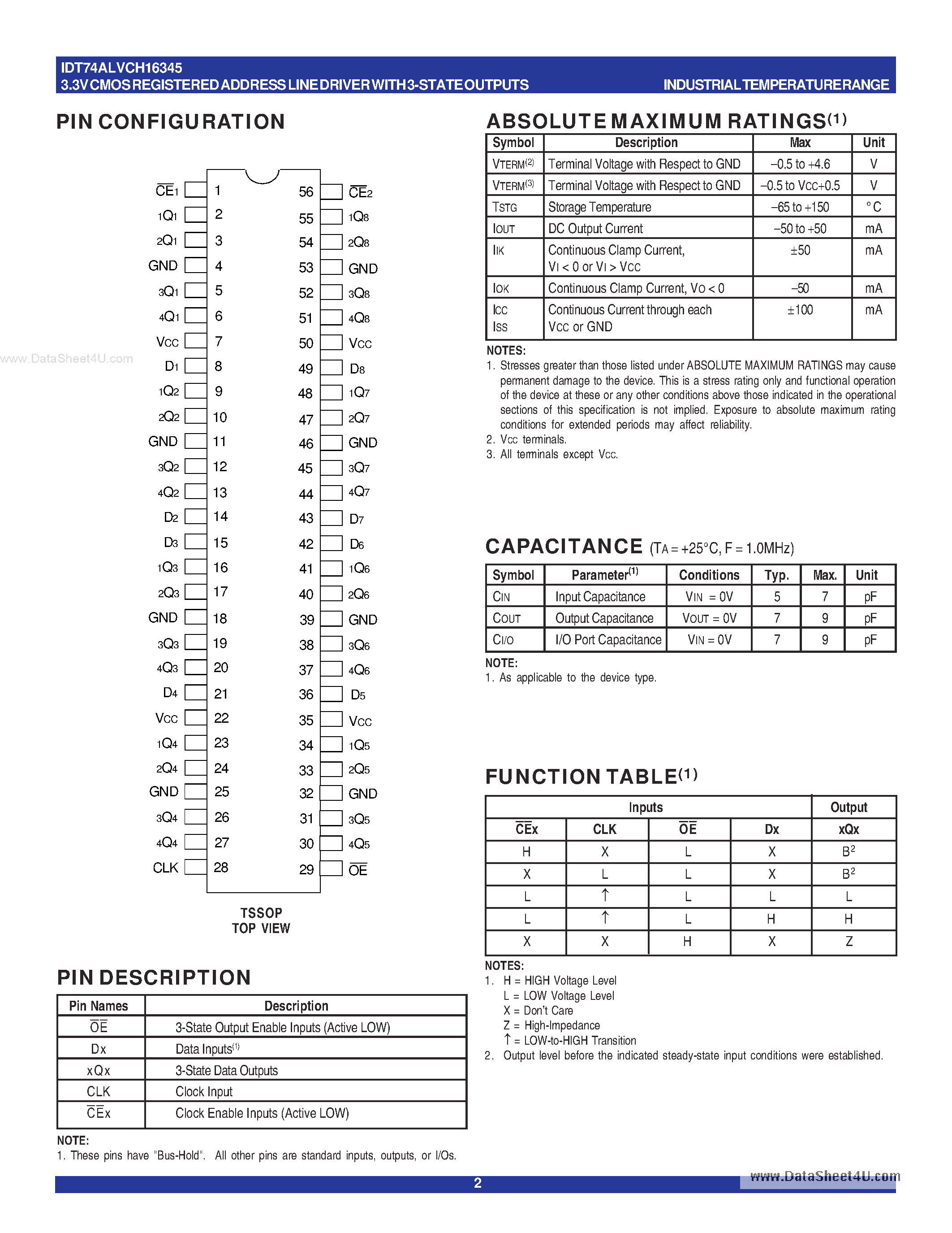 Datasheet IDT74ALVCH16345 - 3.3V CMOS REGISTERED ADDRESS LINE DRIVER page 2