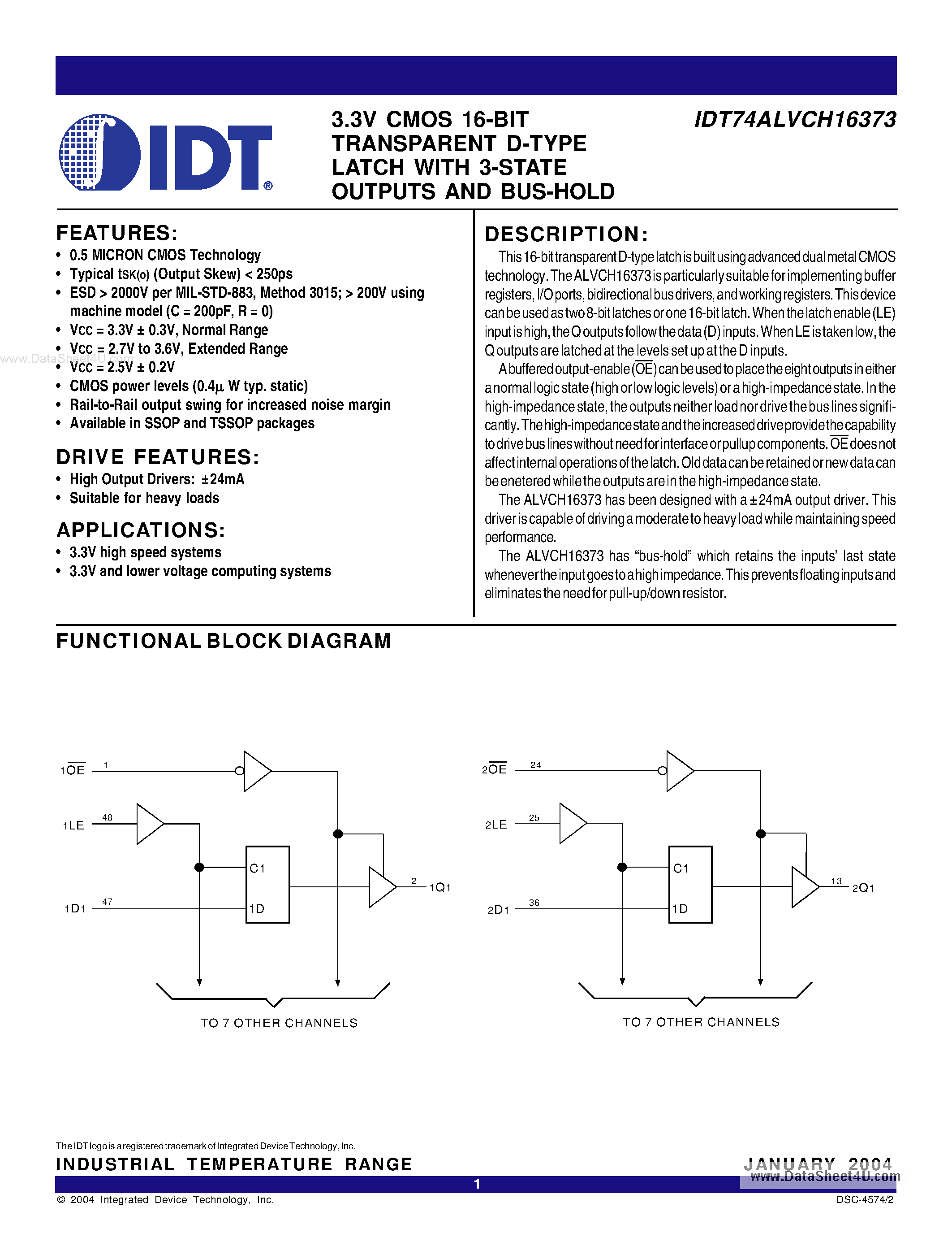 Datasheet IDT74ALVCH16373 - 3.3V CMOS 16-BIT TRANSPARENT D-TYPE LATCH page 1