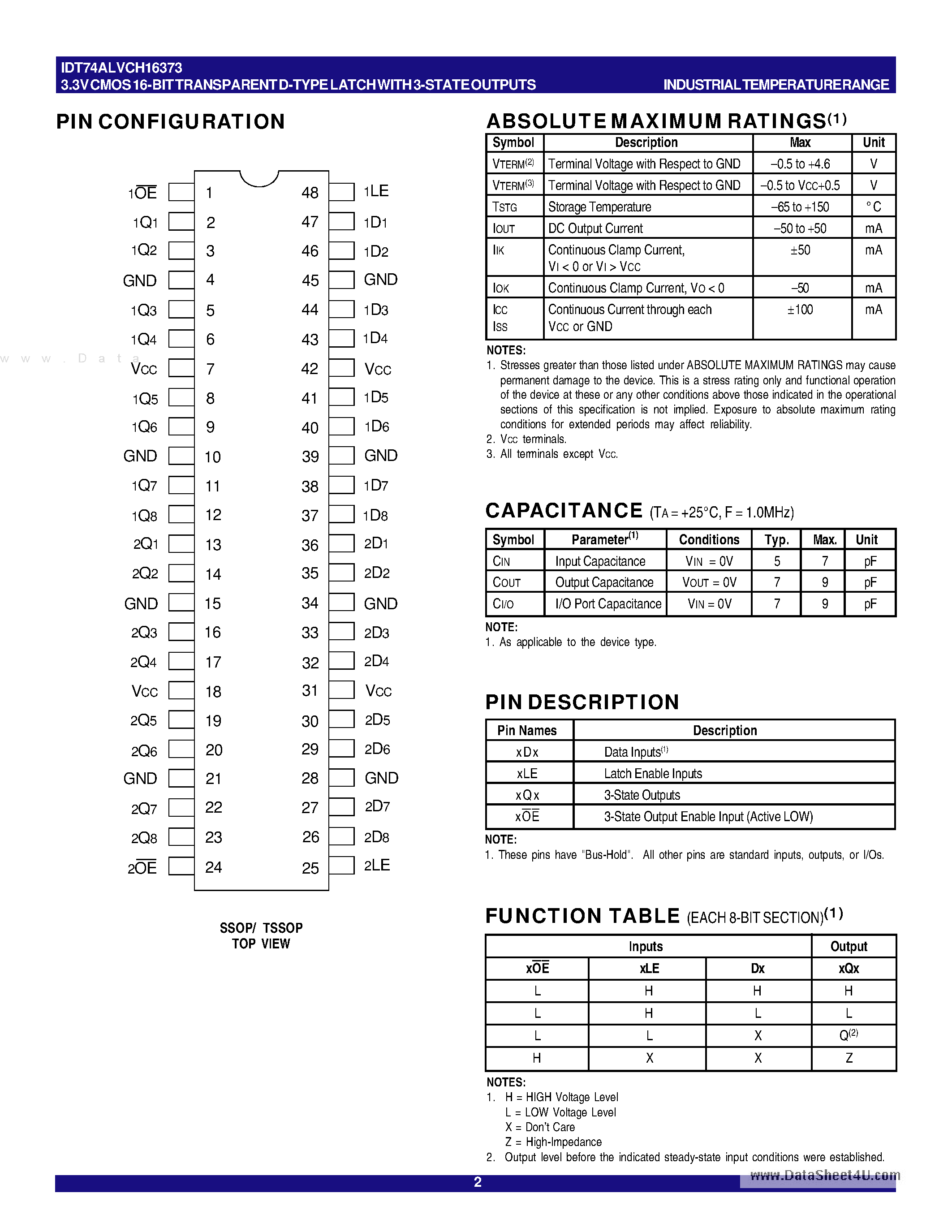 Datasheet IDT74ALVCH16373 - 3.3V CMOS 16-BIT TRANSPARENT D-TYPE LATCH page 2