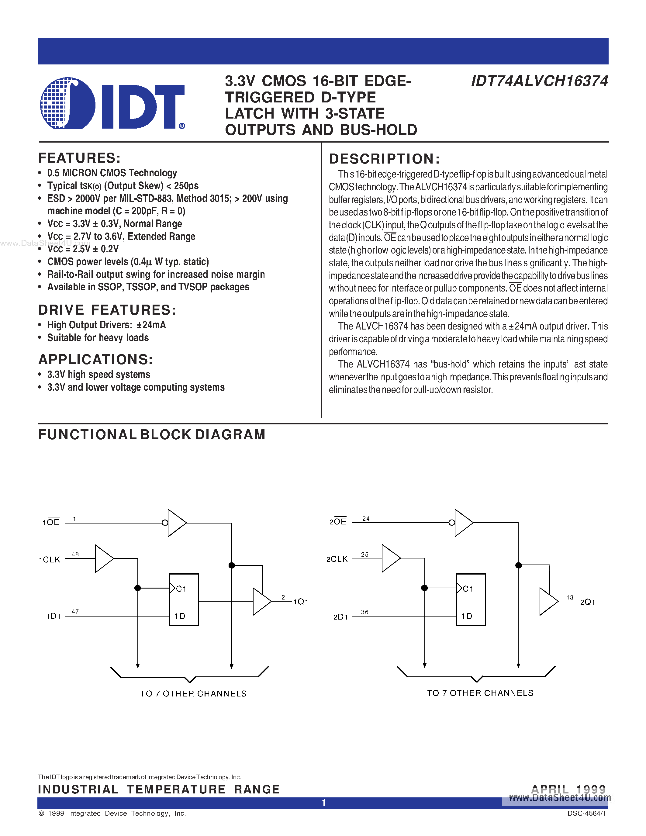 Datasheet IDT74ALVCH16374 - 3.3V CMOS 16-BIT EDGE- TRIGGERED D-TYPE page 1