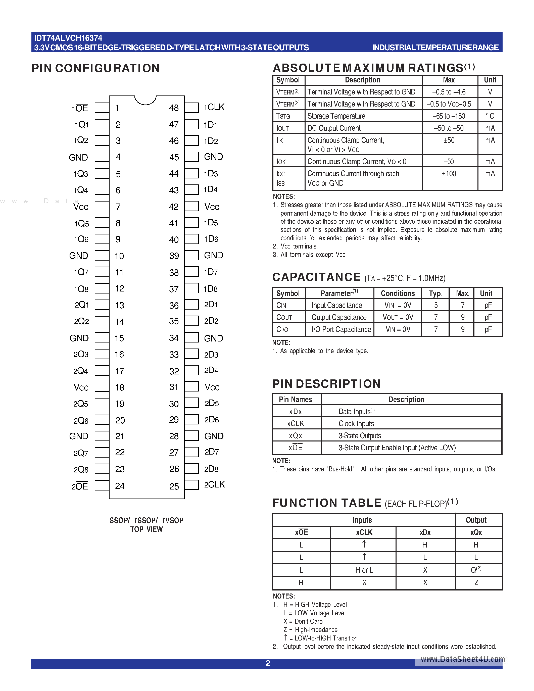 Datasheet IDT74ALVCH16374 - 3.3V CMOS 16-BIT EDGE- TRIGGERED D-TYPE page 2