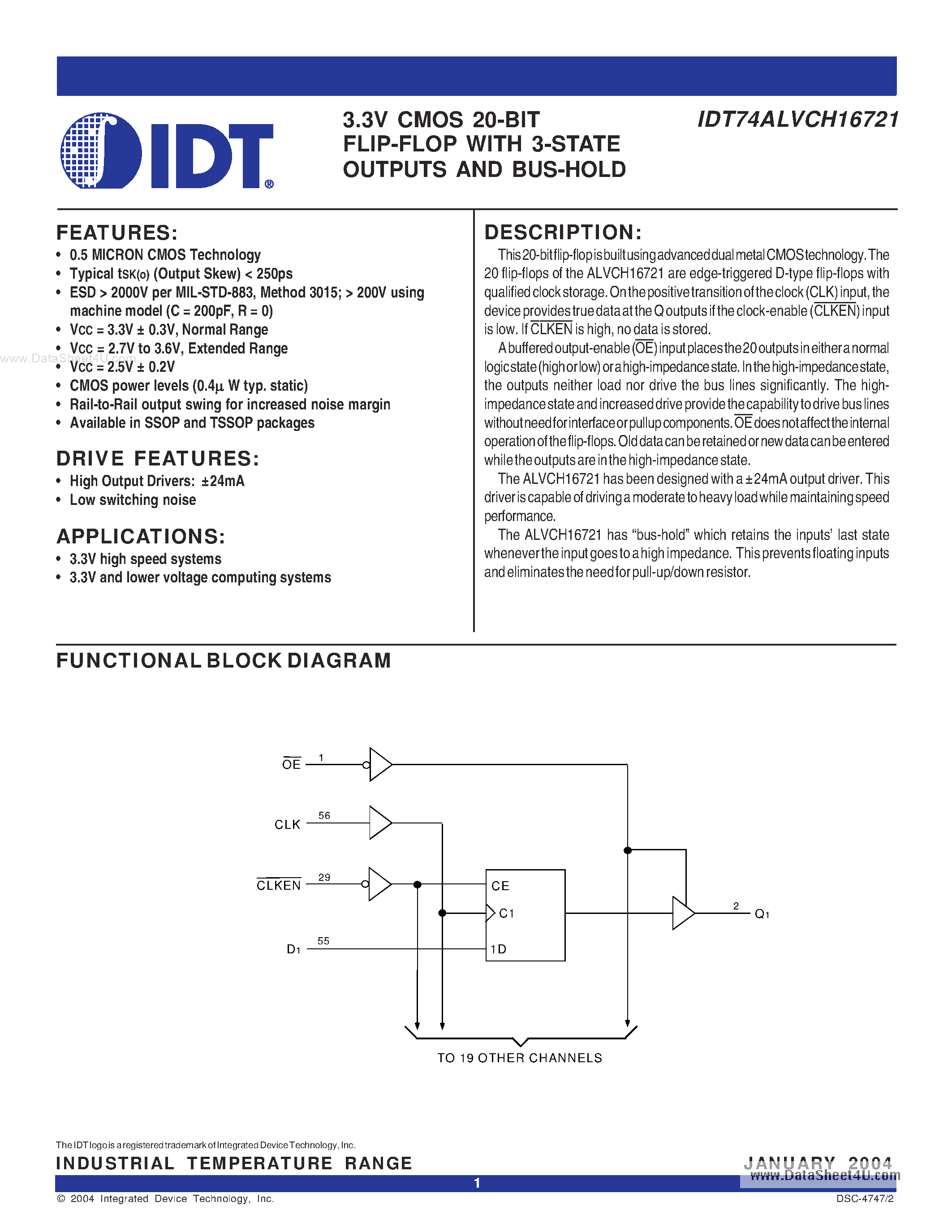 Datasheet IDT74ALVCH16721 - 3.3V CMOS 20-BIT FLIP-FLOP page 1