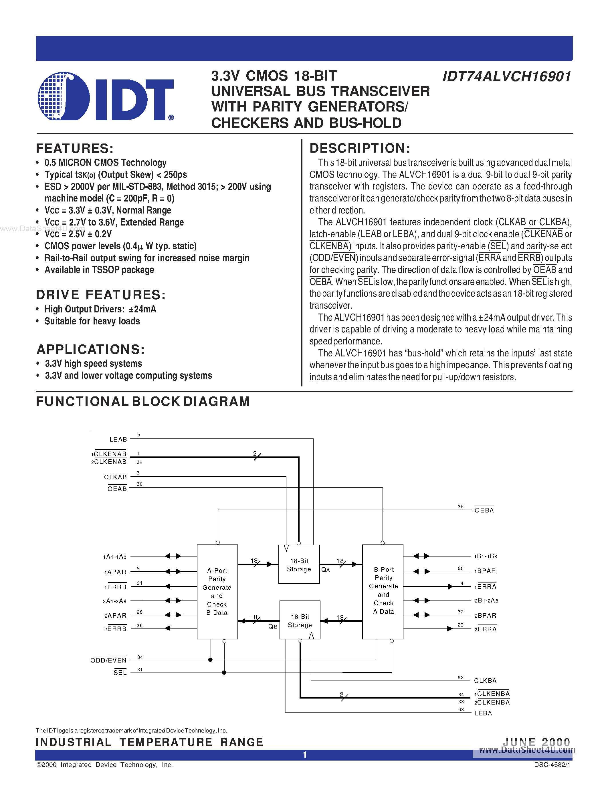 Datasheet IDT74ALVCH16901 - 3.3V CMOS 18-BIT UNIVERSAL BUS TRANSCEIVER page 1