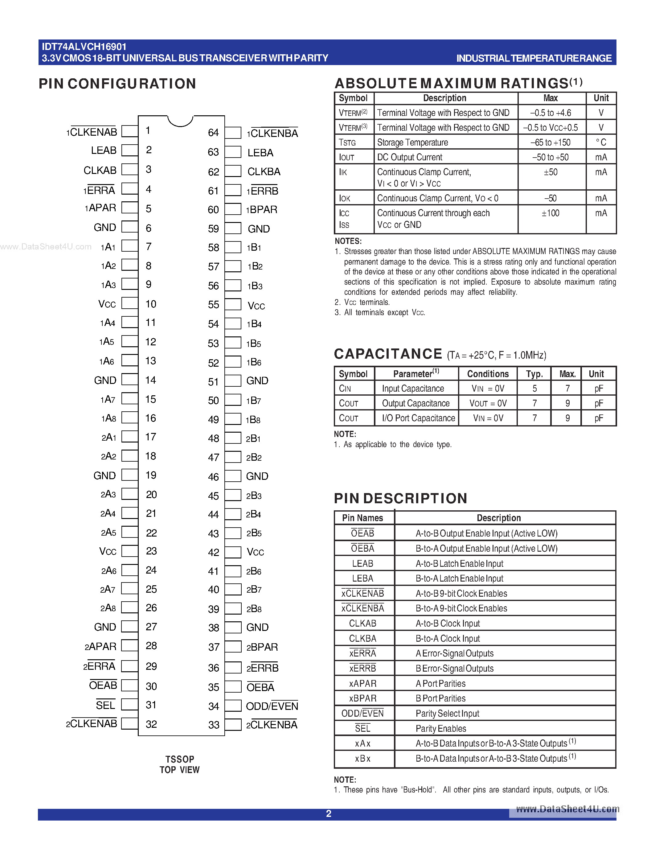 Datasheet IDT74ALVCH16901 - 3.3V CMOS 18-BIT UNIVERSAL BUS TRANSCEIVER page 2