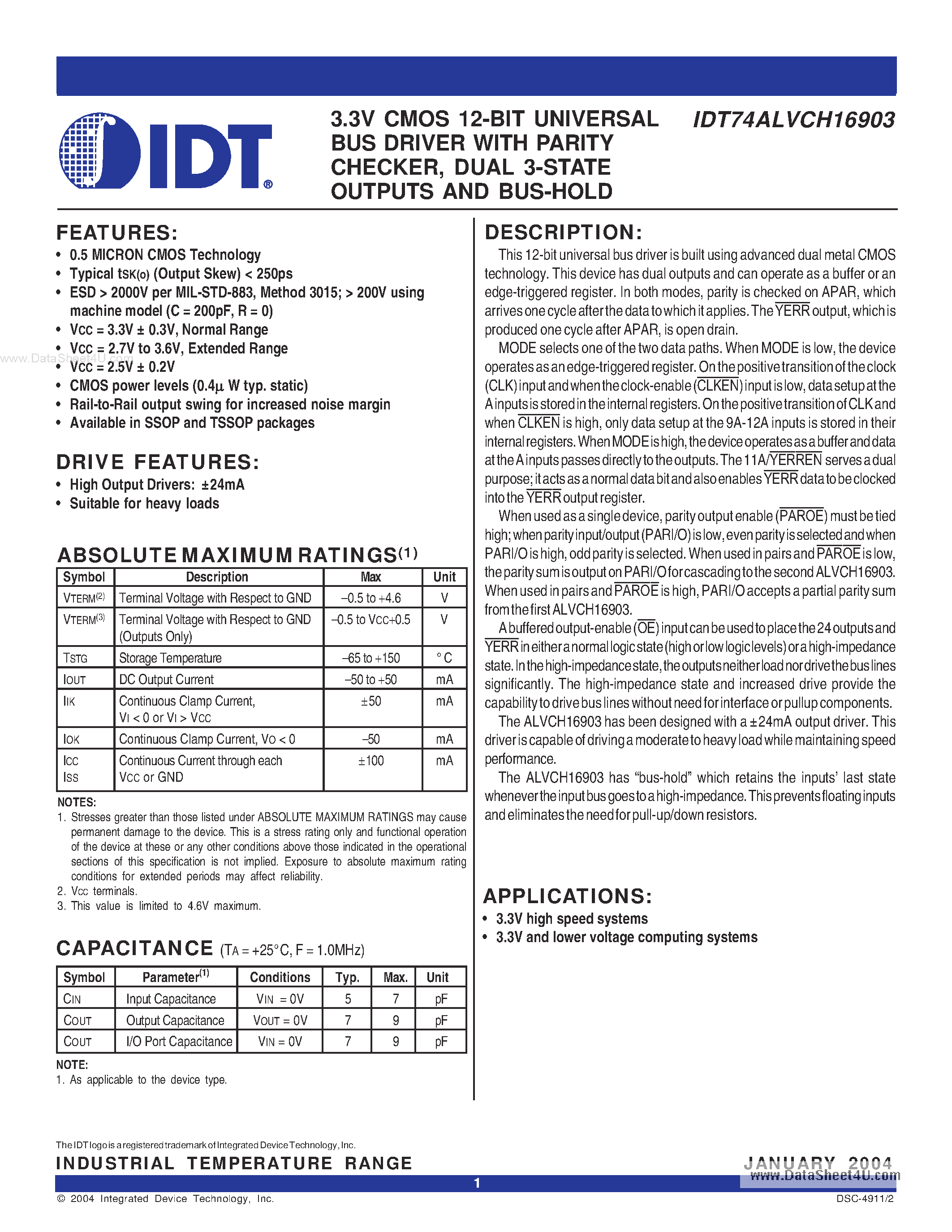 Datasheet IDT74ALVCH16903 - 3.3V CMOS 12-BIT UNIVERSAL BUS DRIVER page 1
