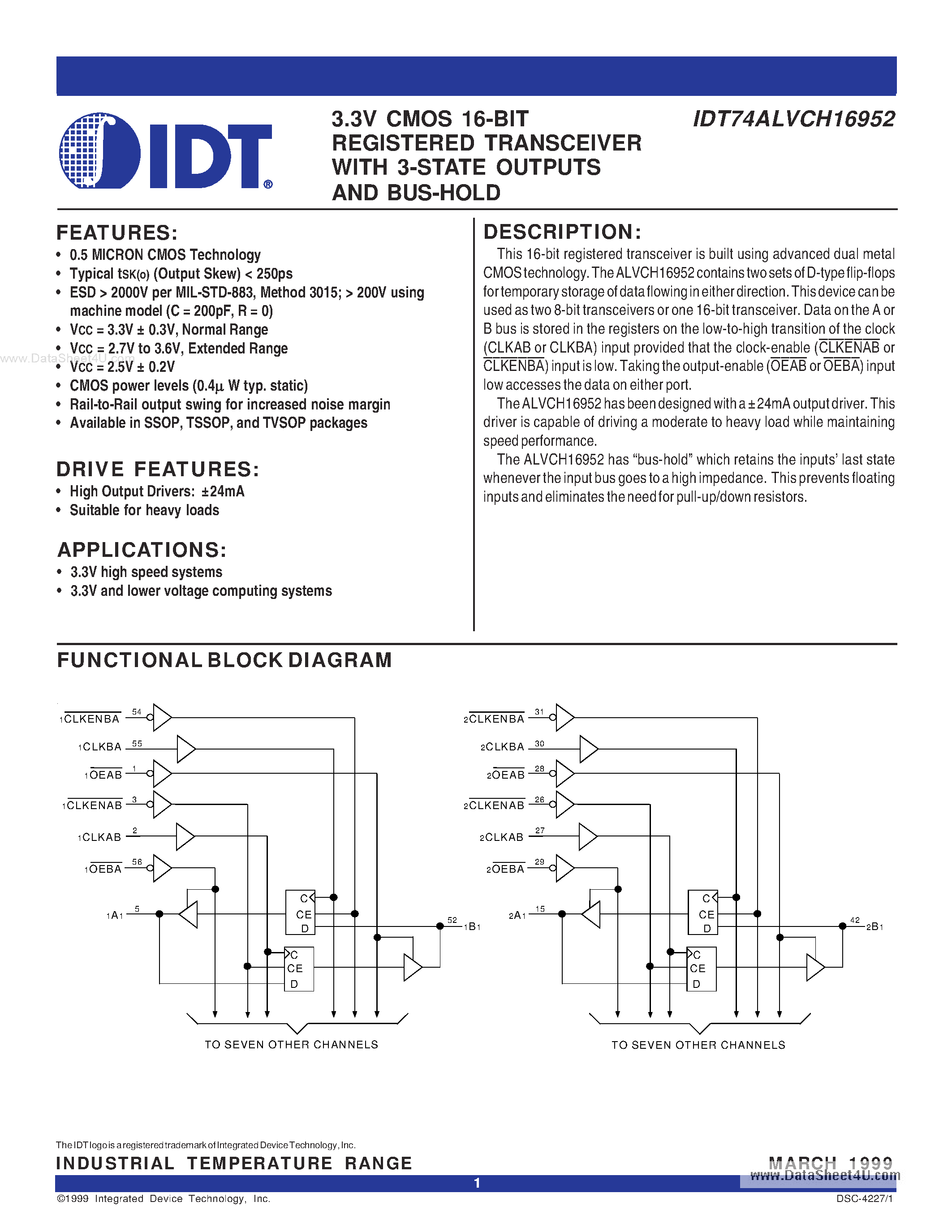 Datasheet IDT74ALVCH16952 - 3.3V CMOS 16-BIT REGISTERED TRANSCEIVER page 1