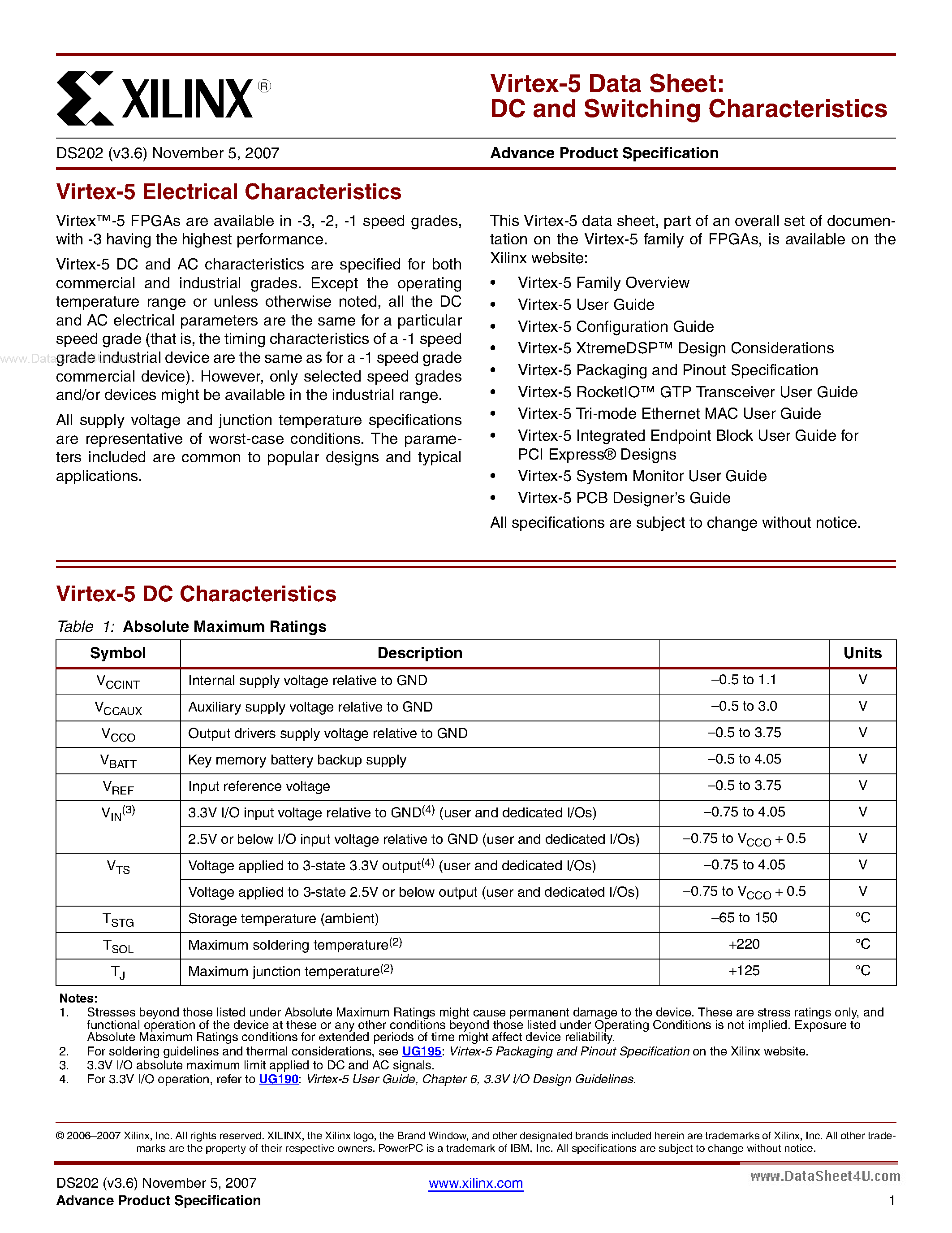 Datasheet VIRTEX-5 - DC and Switching Characteristics page 1
