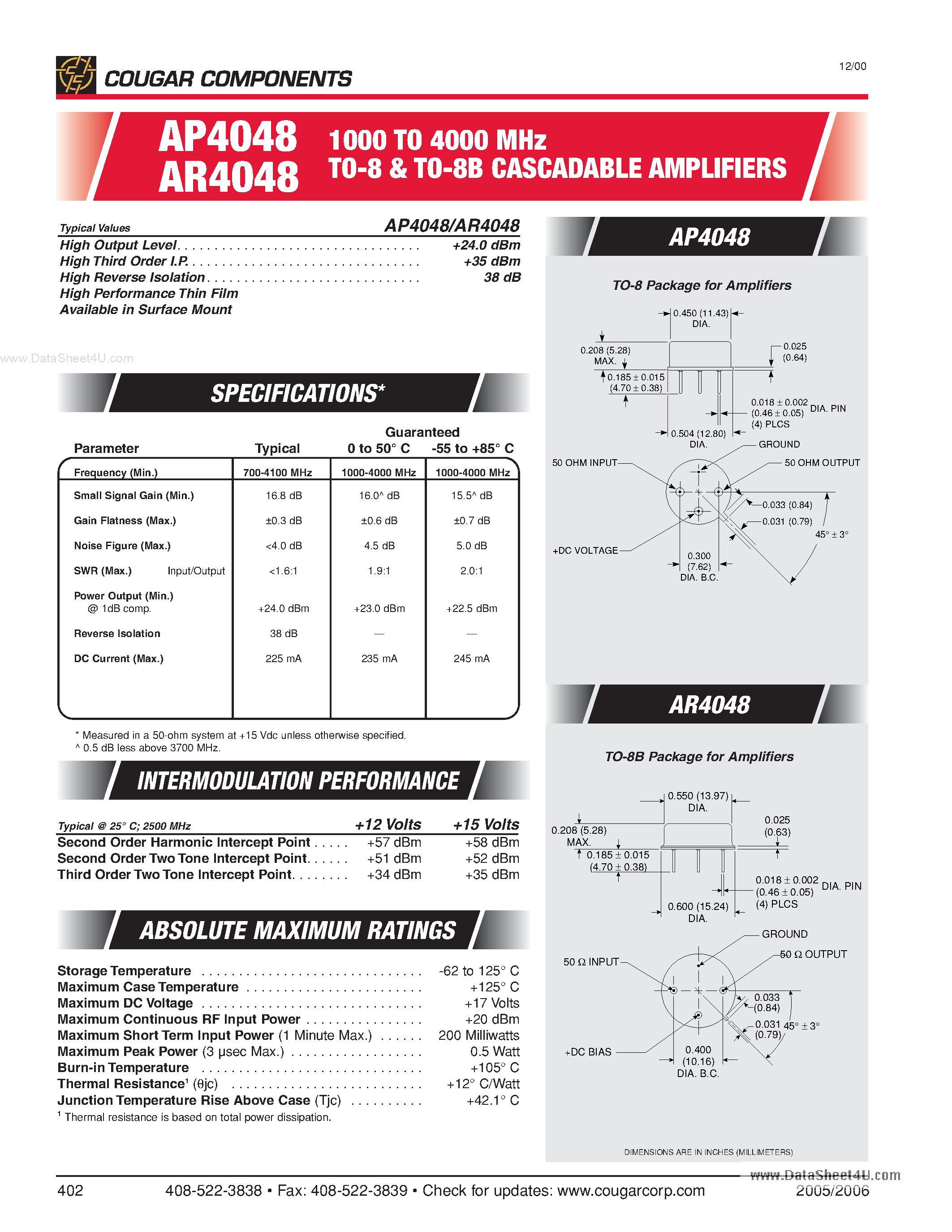 Даташит на микросхему AR4048 страница 1 Даташит AR4048 - 1000 TO 4000 MHz TO-8 & TO-8B CASCADABLE AMPLIFIERS страница 1